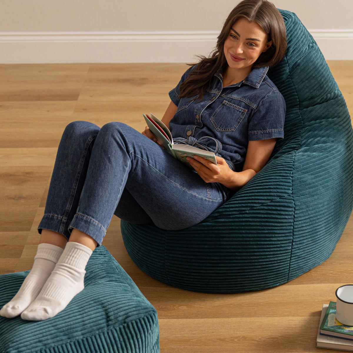 SITZSACK Dalton mit Hocker - Dunkelgrün/Petrol, Textil (90/73/84cm) - icon