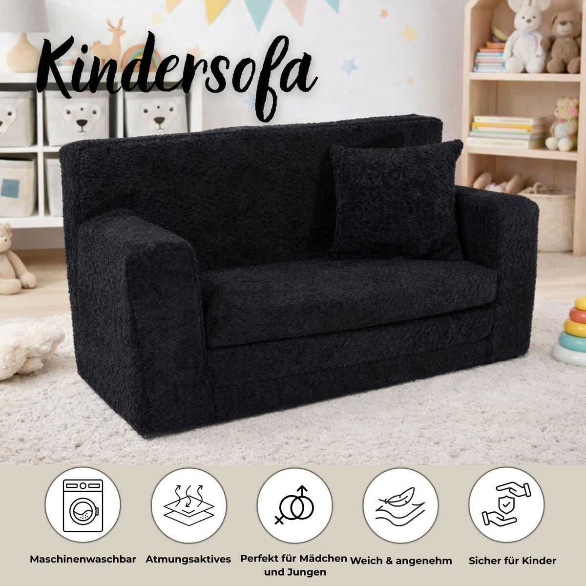 KINDERSOFA David – Stilvoller Komfort für das Kinderzimmer - In den Trendfarben - Schwarz, Textil (83/47/43cm) - Fortisline