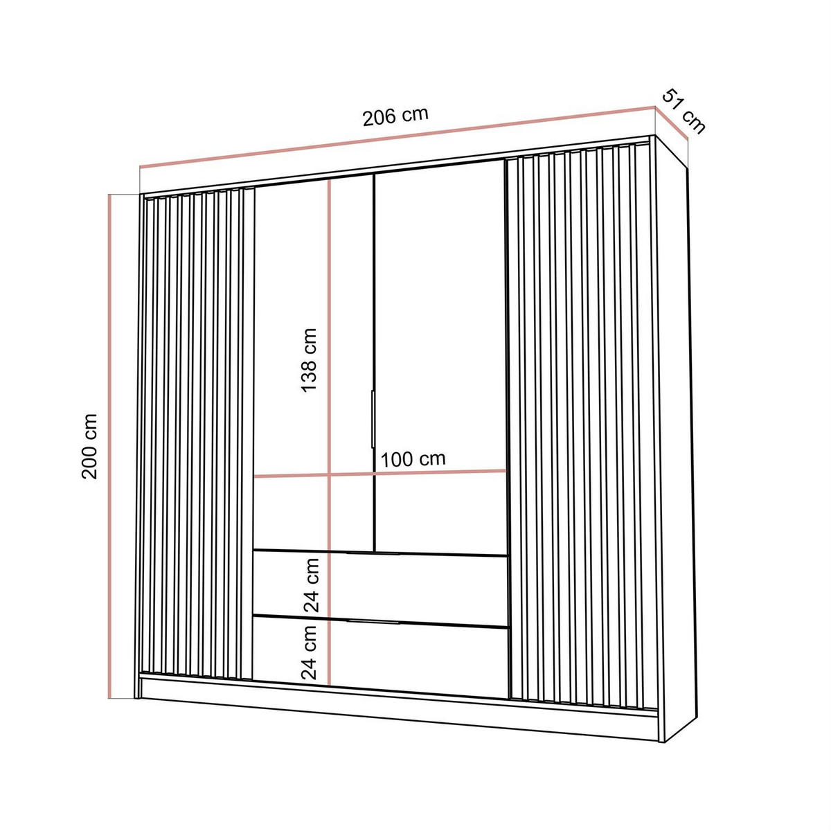 KLEIDERSCHRANK NELA, viertürig mit Lamellen, 206 cm, Grau/Artisan - Grau, Holzwerkstoff (206/200/51cm) - Lookway