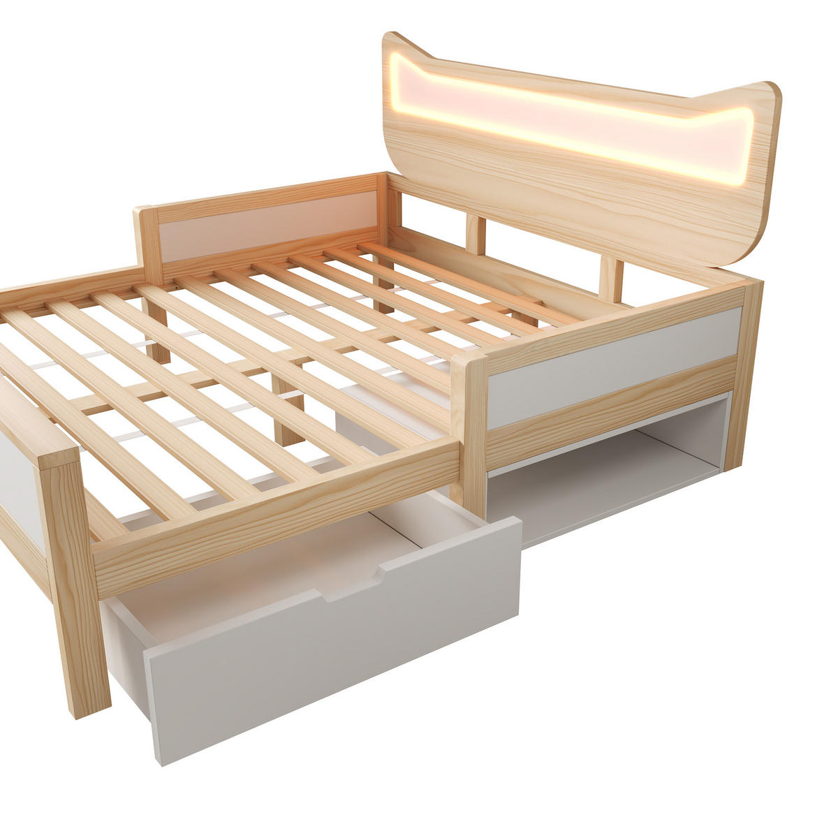 KINDERBETT 140/200 cm DE-00722, in Weiß & Eiche, LED Katzenohren und Schublade - Eichefarben, Holz (140/200cm) - ComfortXL