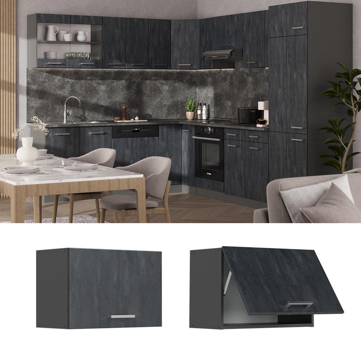 HÄNGESCHRANK R-Line Schwarz Beton 60 cm Flach - Anthrazit/Schwarz, Holzwerkstoff (60/40/31cm) - Vicco