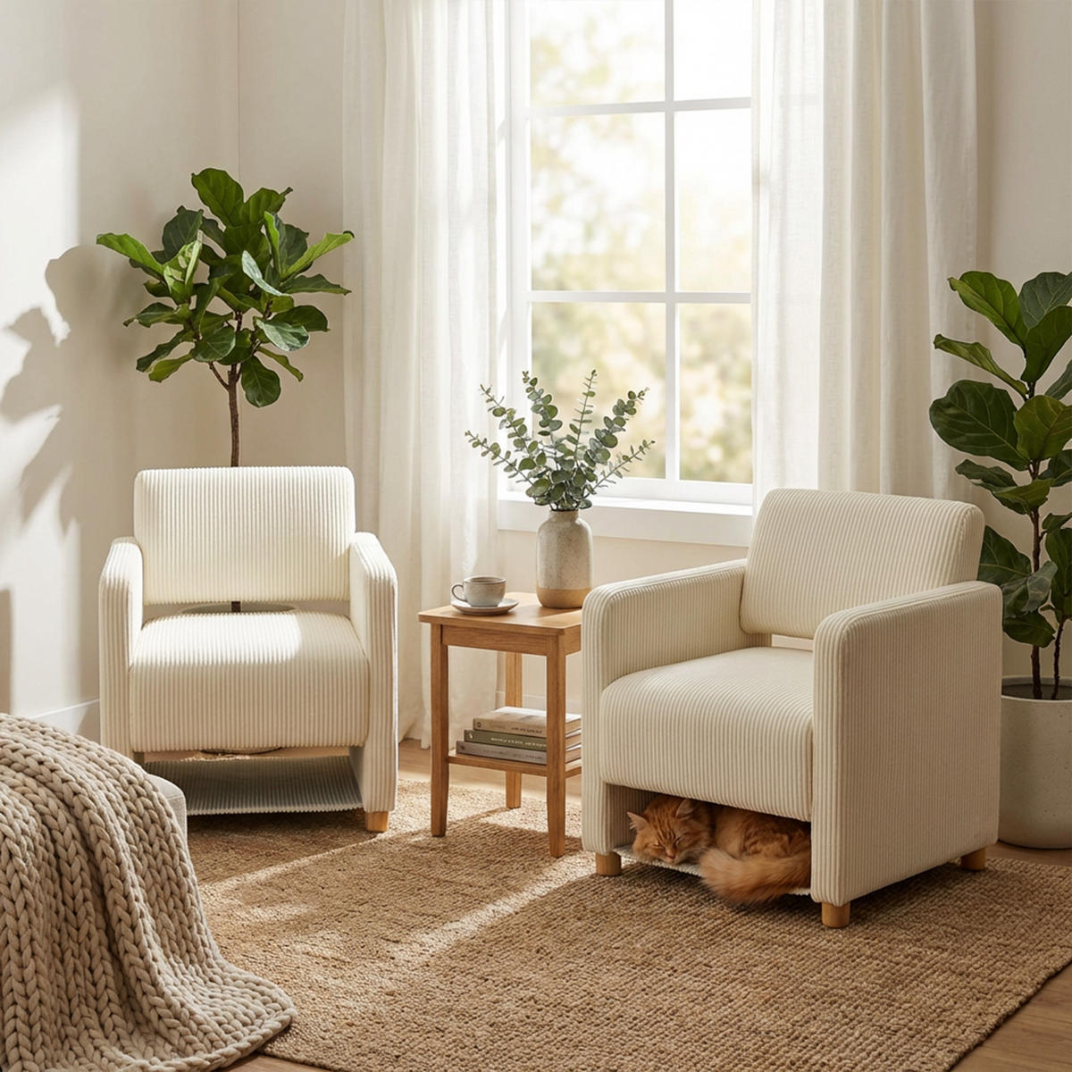 SESSEL, 2er-Set, mit Armlehnen, Cordbezug und Massivholzfüßen, Beige - Beige, Holz (66/76.5/73.5cm) - Meubles Cosy