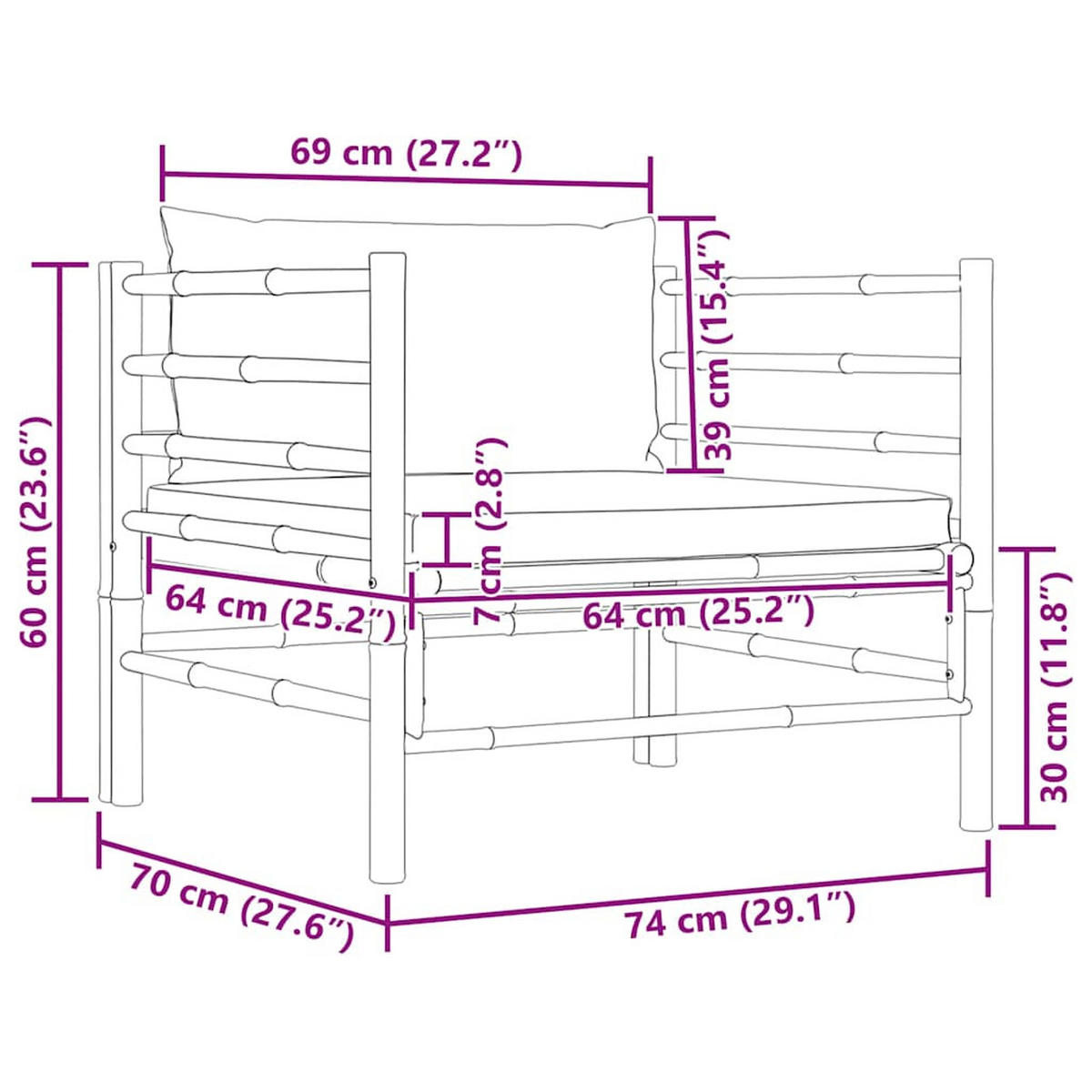 GARTENSOFA Mit Kissen CremeWeiß Bambus - Creme/Naturfarben, Naturmaterialien/Textil (74/60/70cm) - vidaXL
