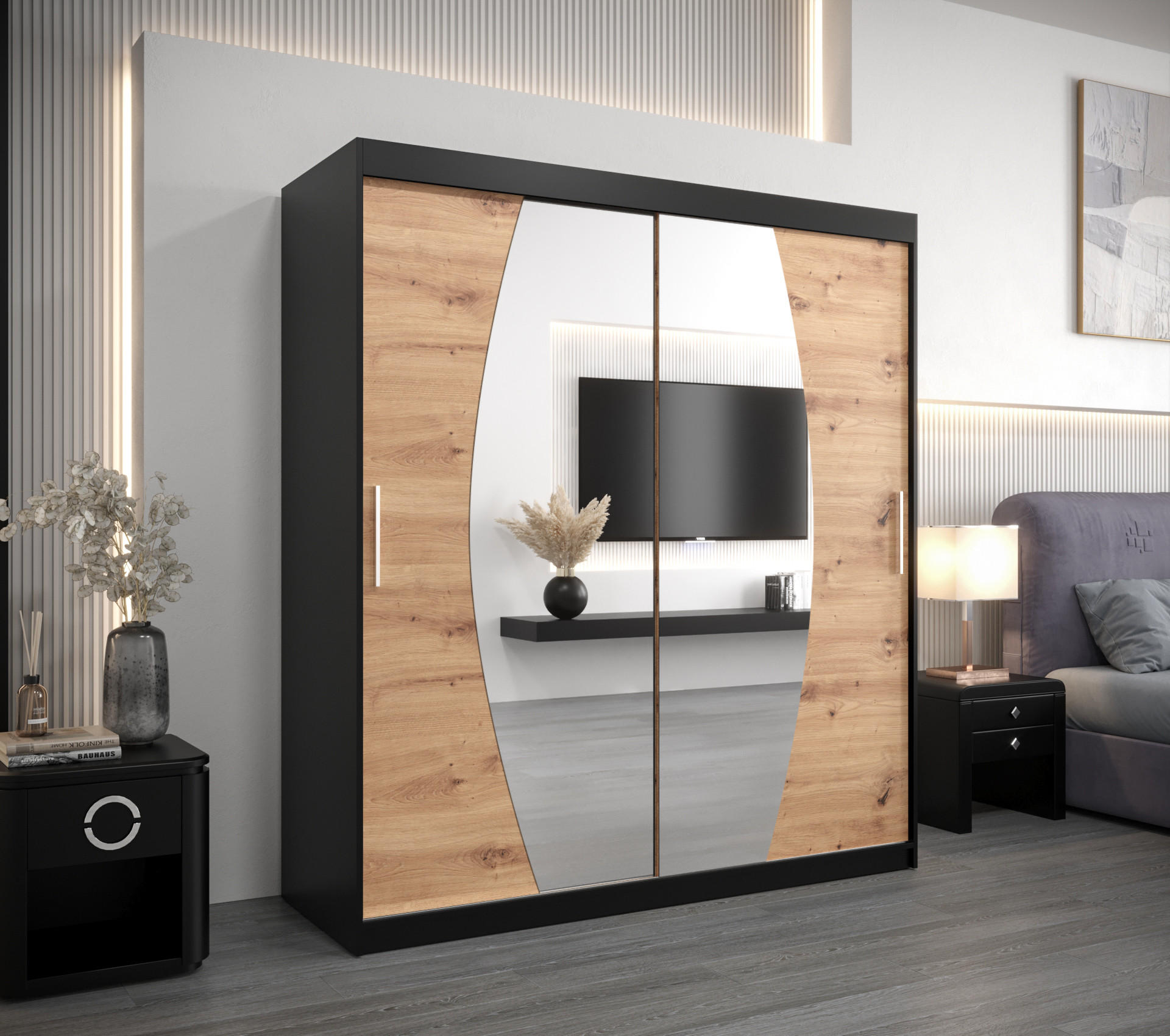 SCHWEBETÜRENSCHRANK 200/180/62 2-türig - Silberfarben/Schwarz, Holz/Kunststoff (180/200/62cm) - Abiks Möbel