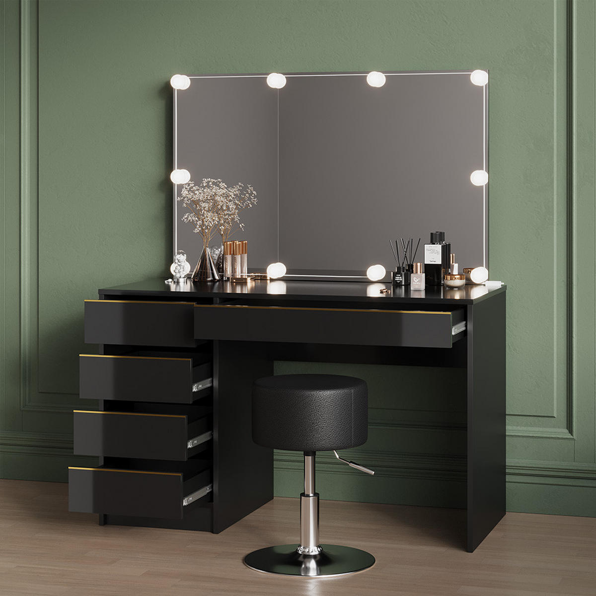 SCHMINKTISCH-SET Imola Schwarz/Gold 120 cm mit Hocker - Goldfarben/Schwarz, Holzwerkstoff (120/75/55cm) - Livinity®