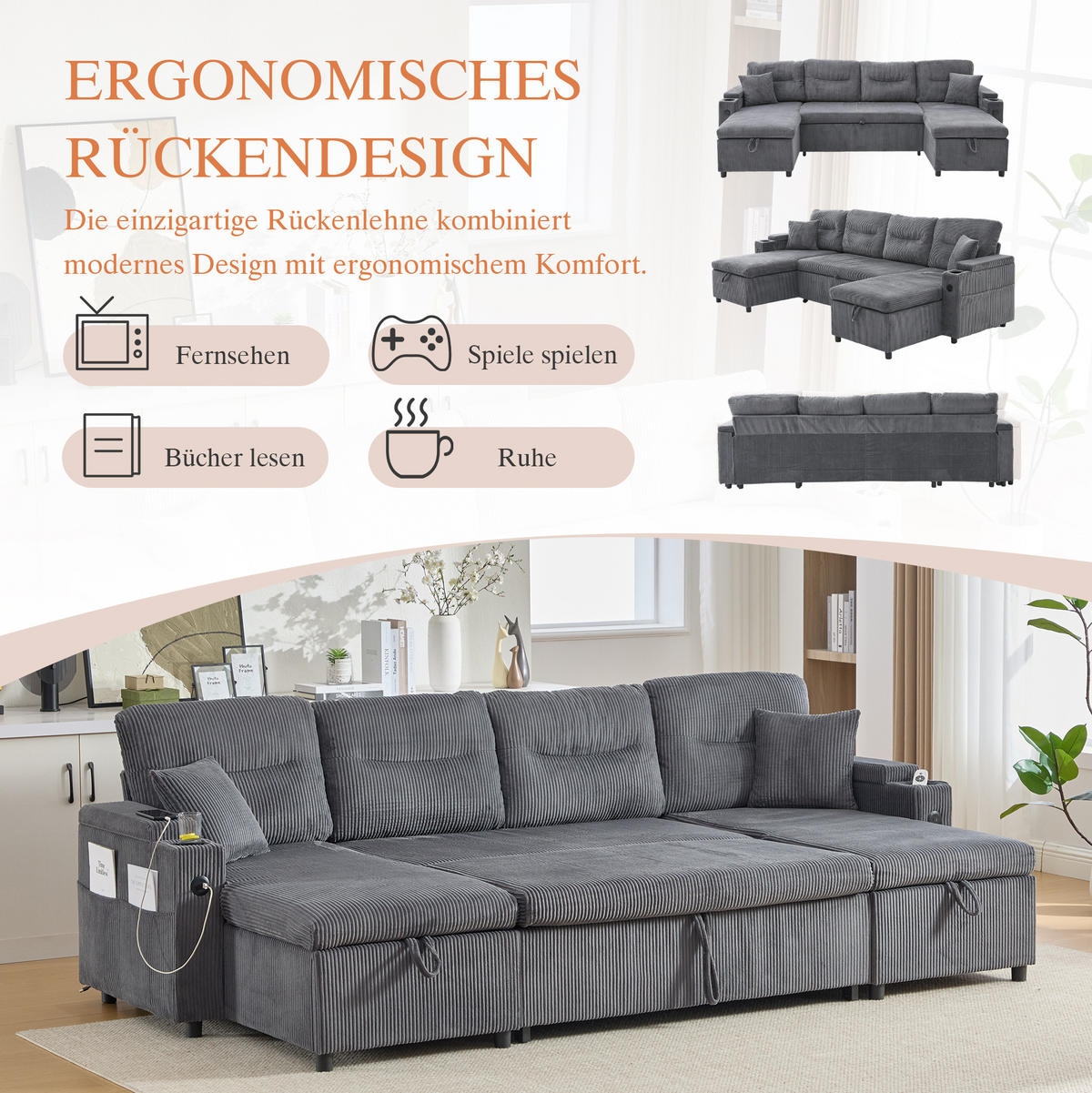 4-SITZER Wohnlandschaft Cord mit 2 Chaiselongues Stauraum und USB-Anschluss 272/136/86 cm Anthrazit - Anthrazit, Textil (136/86/272cm) - Redom
