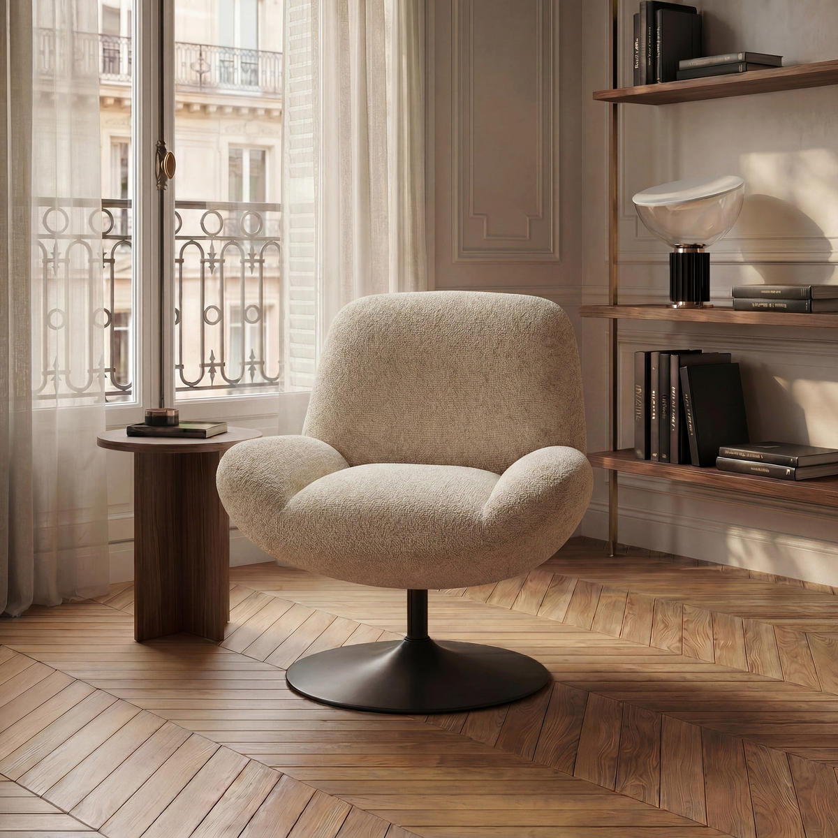 DREHSESSEL RETRO Bouclé-Velours Beige 71cm - Beige, Textil (71/80/76cm) - Premium Interiors