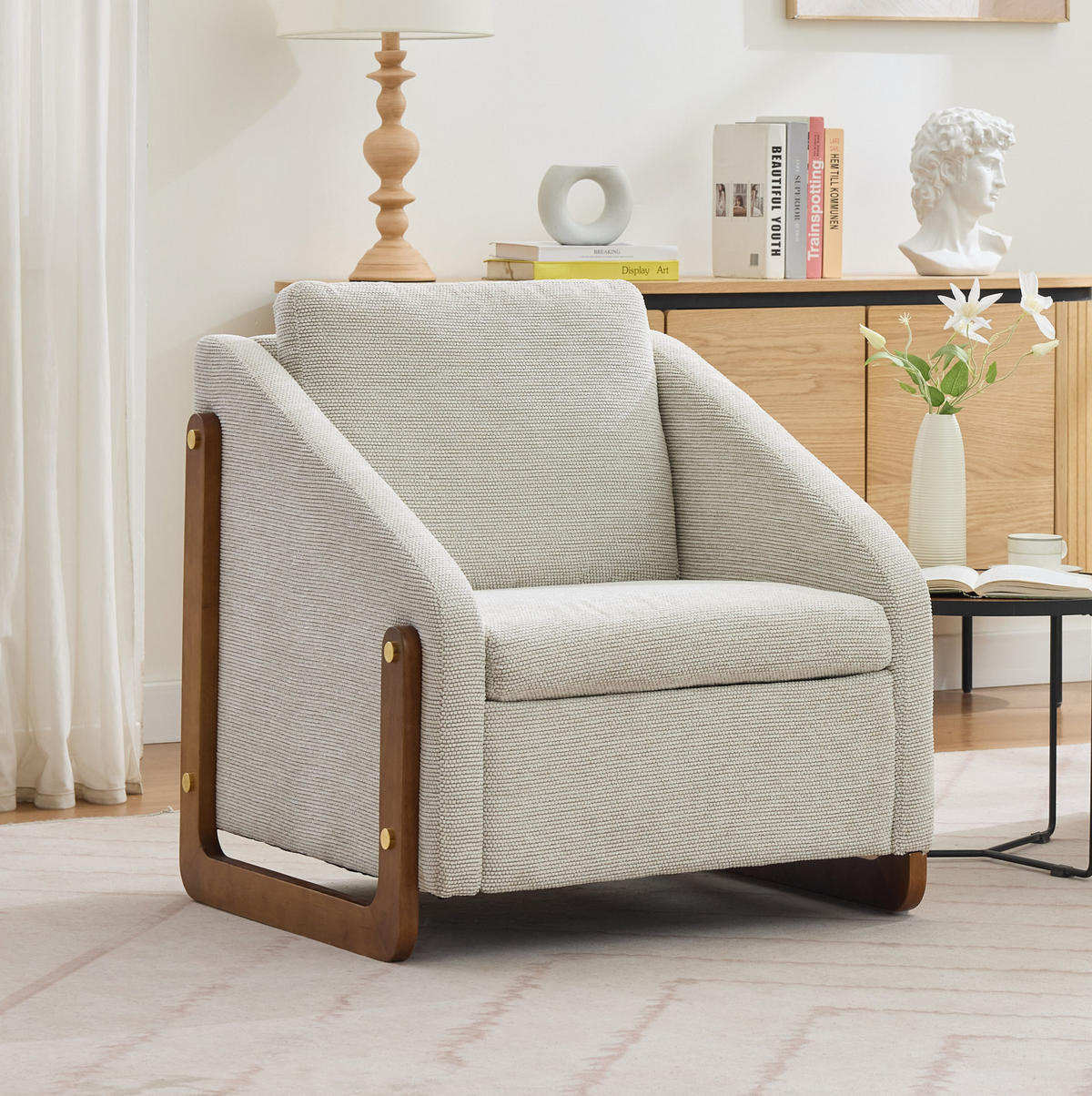 SESSEL 73,5/73,5/73,5 cm aus Chenille in Beige mit Holzarmlehnen - Beige, Textil (73.5/73.5/73.5cm) - BEAOK