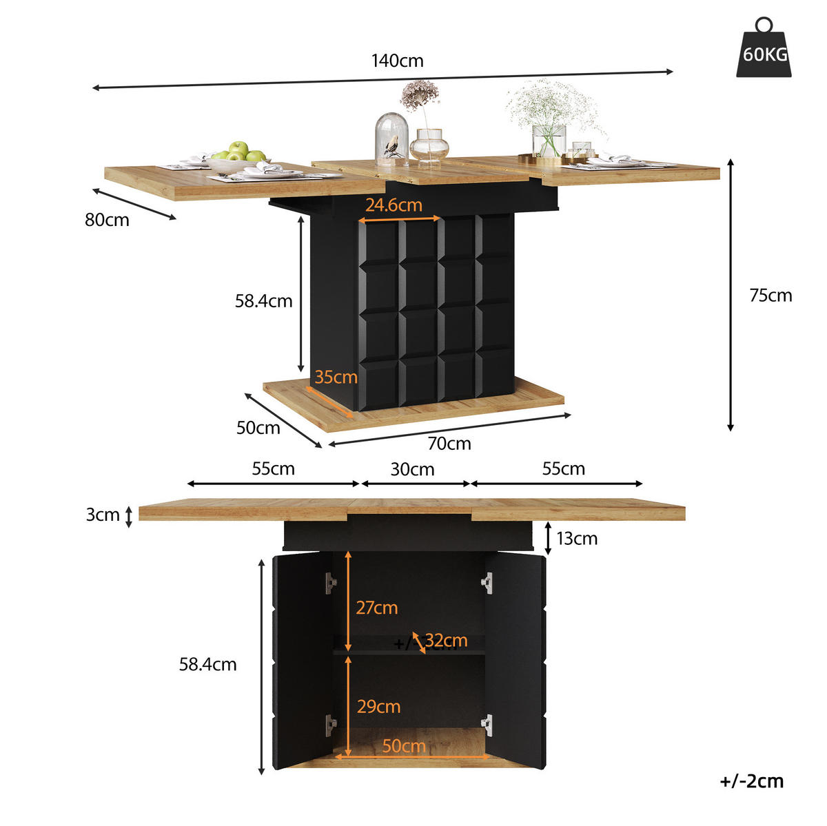JÍDELNÍ stůl 110-140/80/75 cm černá/přírodní z MDF a kovu s rozkládáním a úložným prostorem - černá, kompozitní dřevo (110/80/75cm) - OKWISH