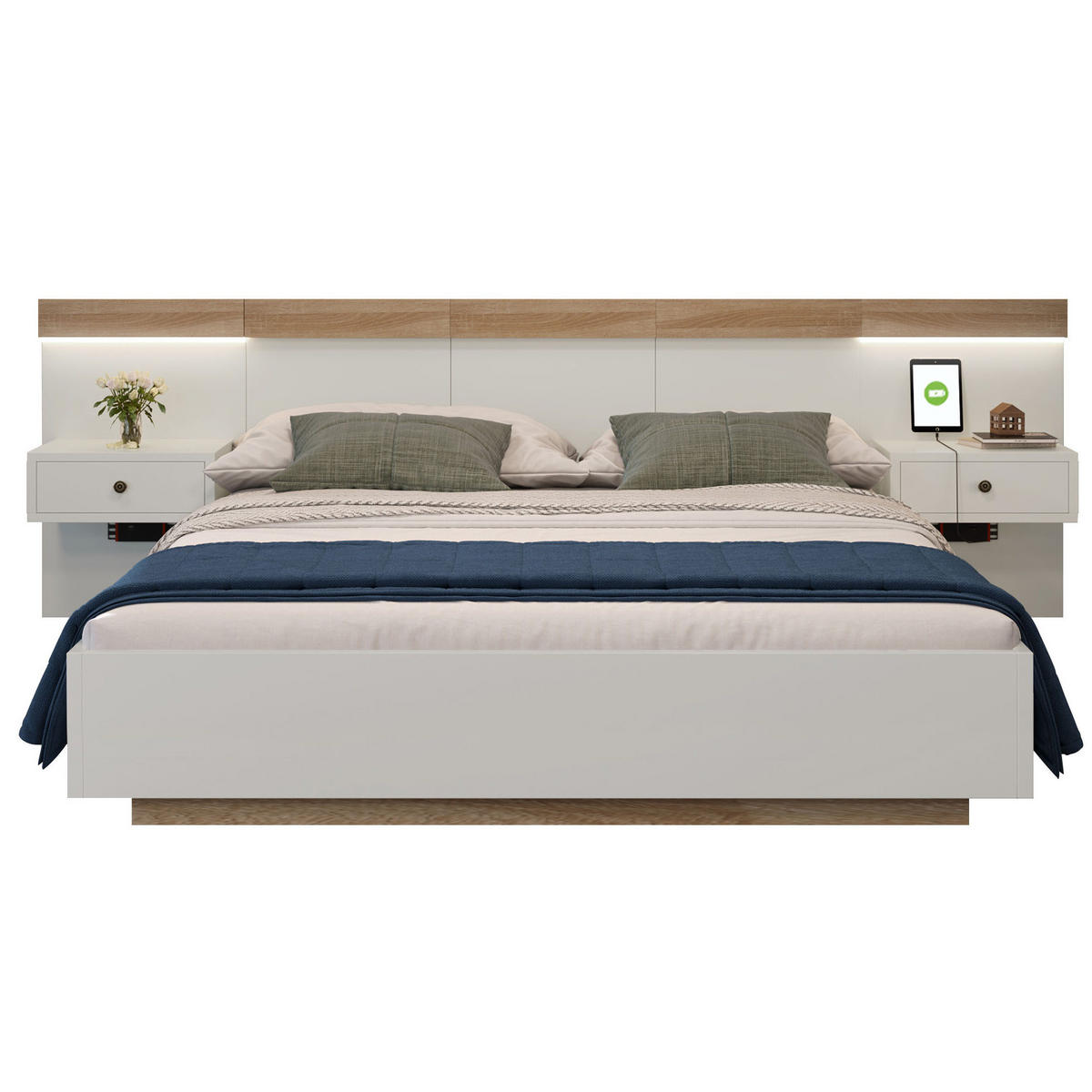 DOPPELBETT 160/200 cm mit 2 LED Nachtkommoden und USB-C Steckdose in Sonoma Eiche/Weiß - Weiß, Holzwerkstoff (160/200cm) - OKWISH