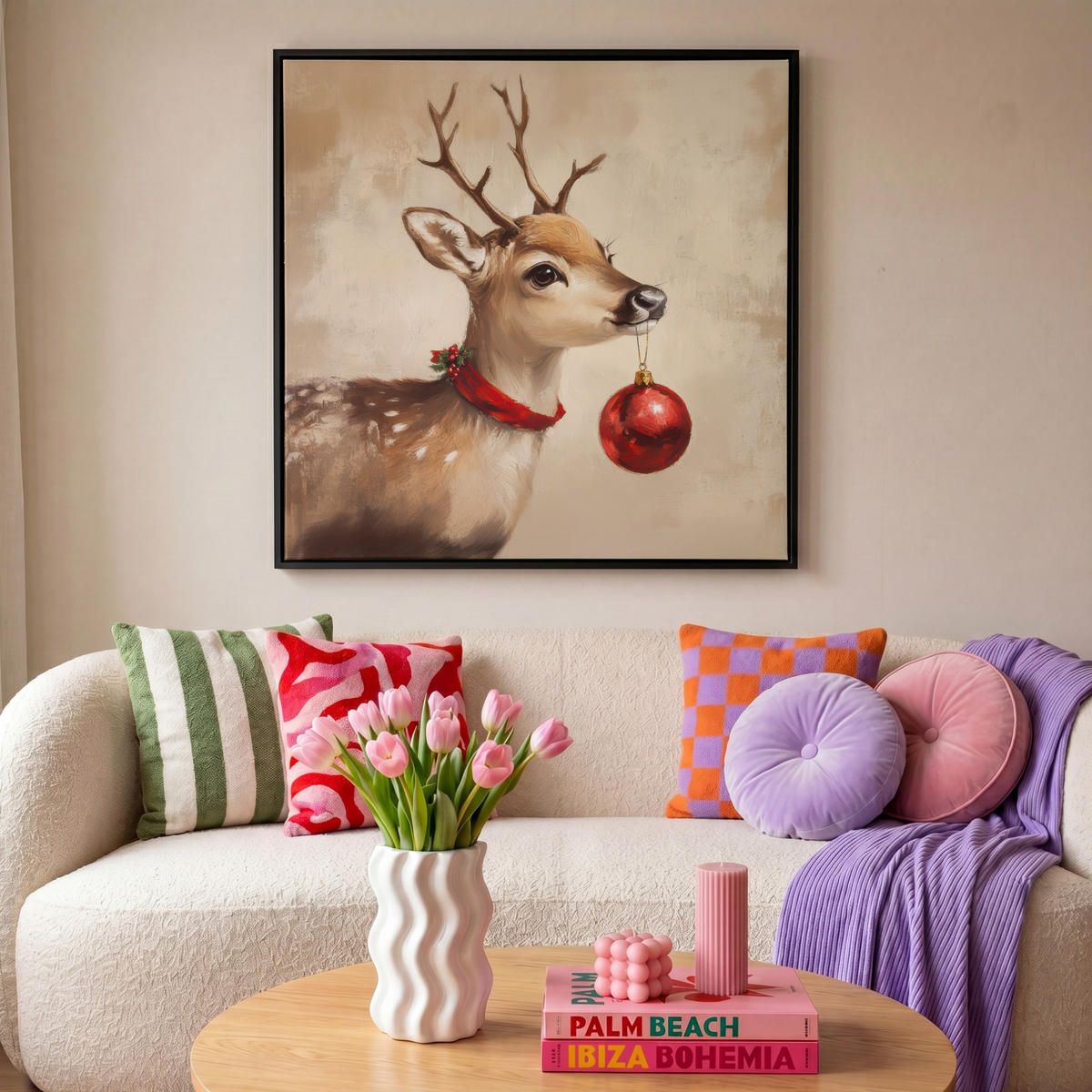 LEINWAND Bilder mit Rahmen - Weihnachten - Hirsch - Geweih - Weihnachtskugel - Rentier - 90x90 - Hellbraun, Textil (90/90cm) - MuchoWow