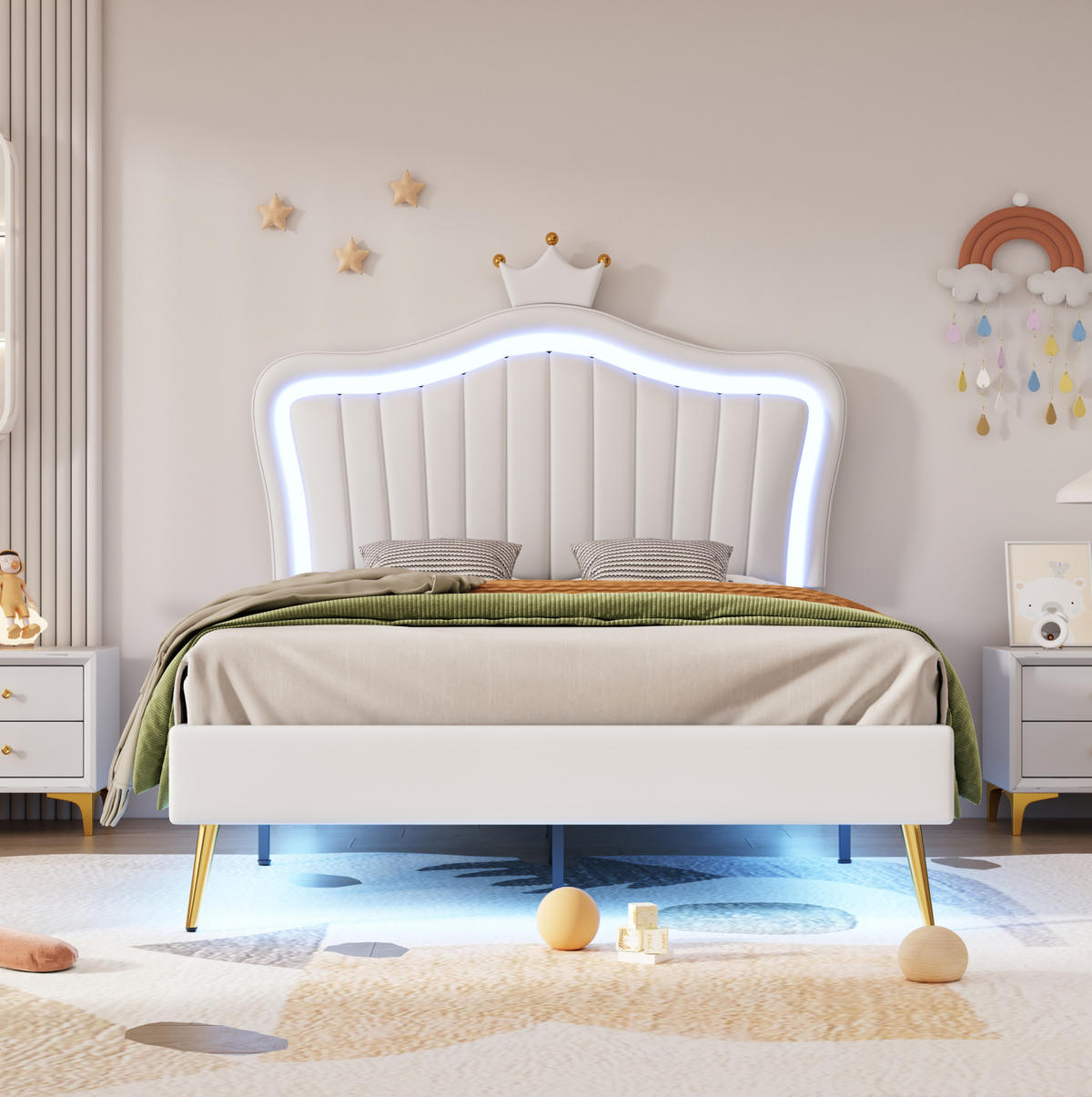 DETSKÁ posteľ 90/200 cm biela s LED osvetlením a nastaviteľným čelom z MDF a umelej kože - biela, textil (90/200cm) - OKWISH