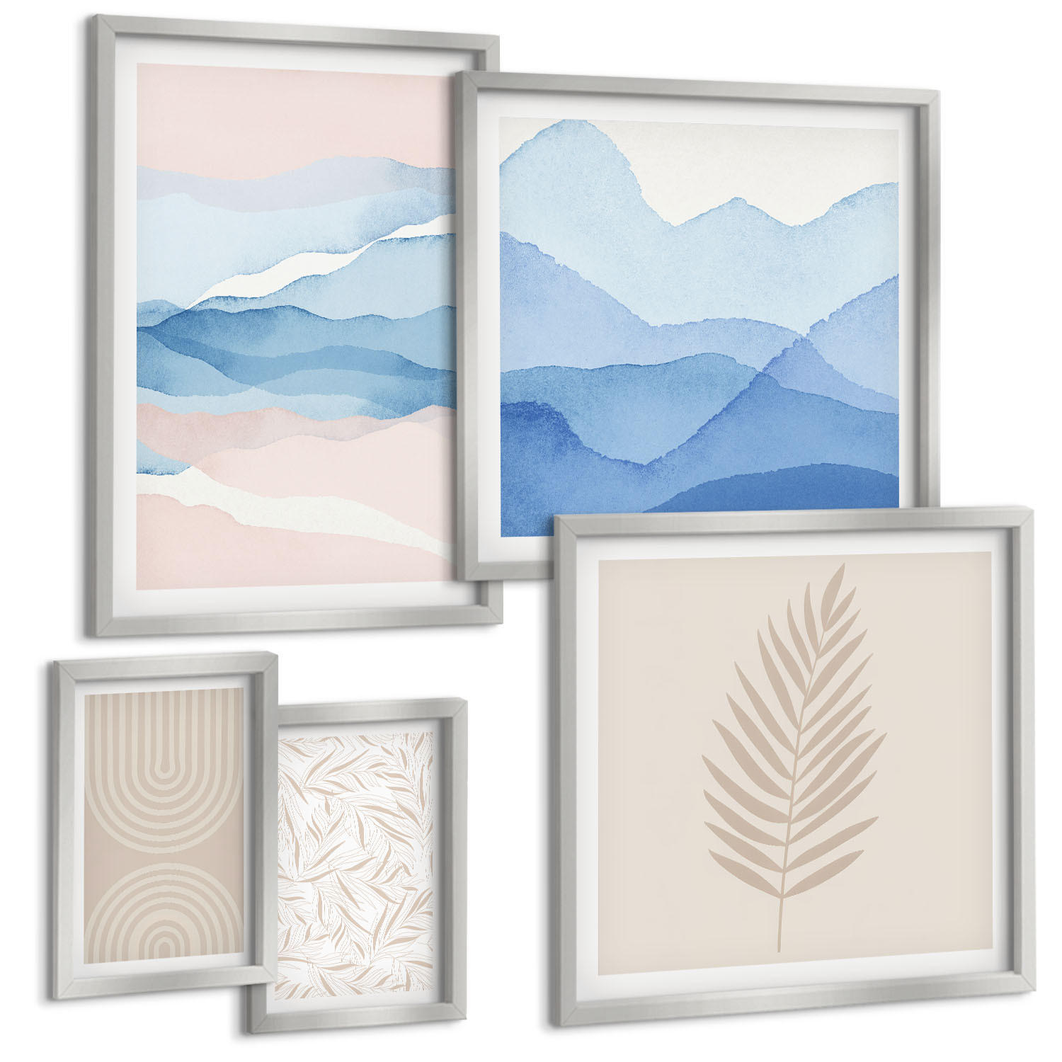 BILDER SET 5er Set - 50x50 cm & 20x30 cm & 40x60 cm Silberner Rahmen - Blätterwellen beige blau - Silberfarben, Kunststoff (40/60cm) - TULUP