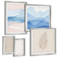BILDER SET 5er Set - 50x50 cm & 20x30 cm & 40x60 cm Silberner Rahmen - Blätterwellen beige blau - Silberfarben, Kunststoff (40/60cm) - TULUP