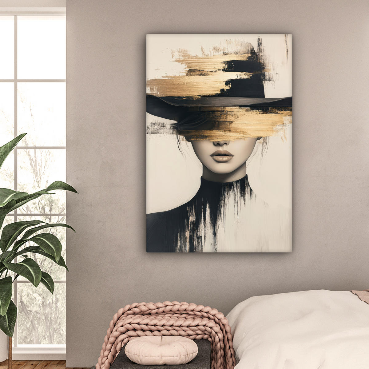 LEINWANDBILD Frau - Hut - Farbe Deko Groß 90x140 cm - Goldfarben, Textil (90/140cm) - MuchoWow