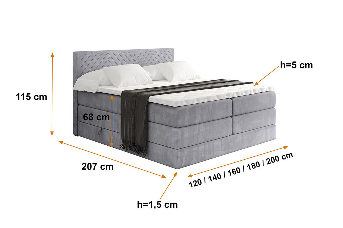 BOXSPRINGBETT mit Matratze H3|H4 und Lattenrost - VEXA KING-120x200 - Grau Monolith - Grau, Holzwerkstoff (120/200cm) - ALTDECOR