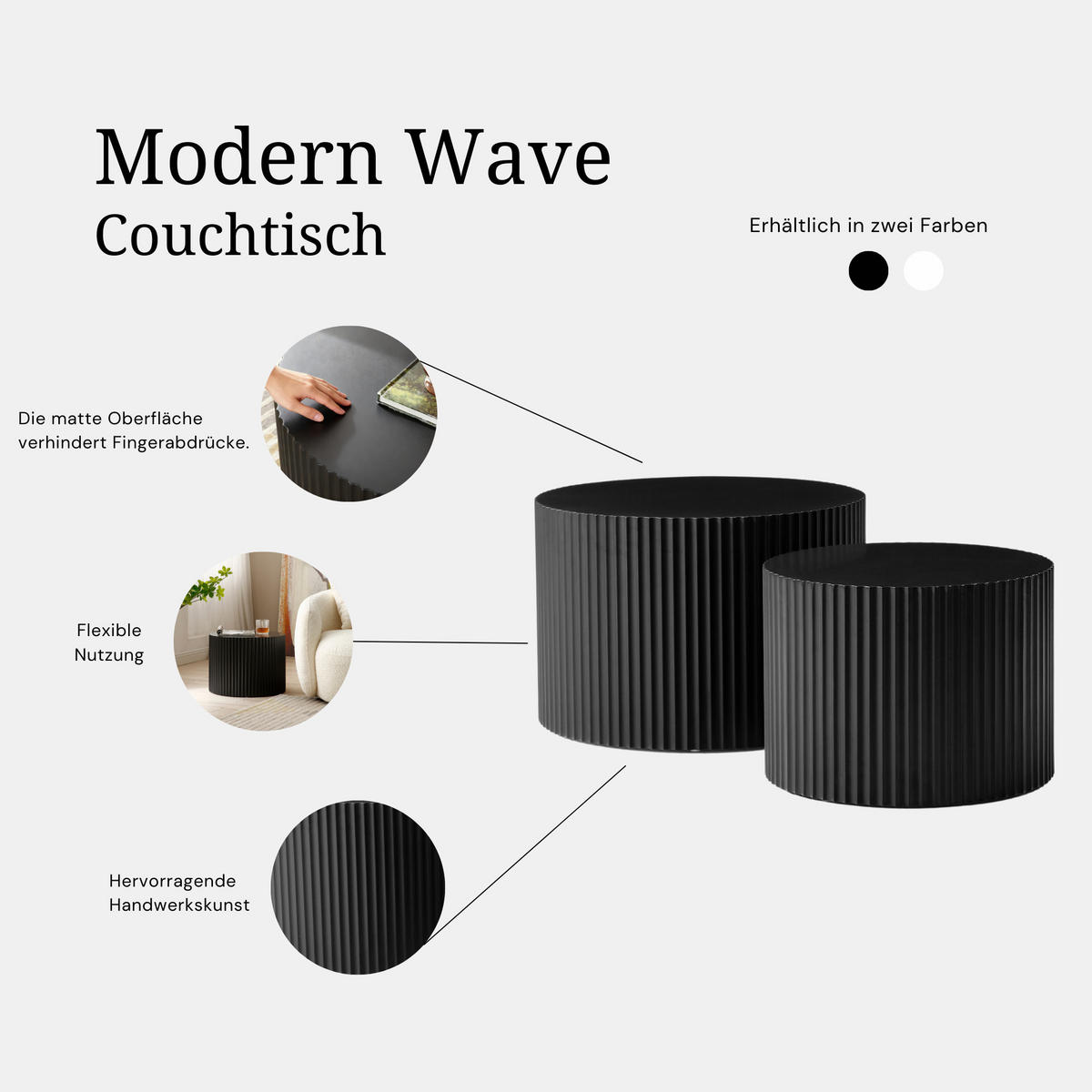COUCHTISCH-SET 60/60/40 cm schwarz aus MDF mit Nesting-Design - Schwarz, Holzwerkstoff (60/60/40cm) - OKWISH