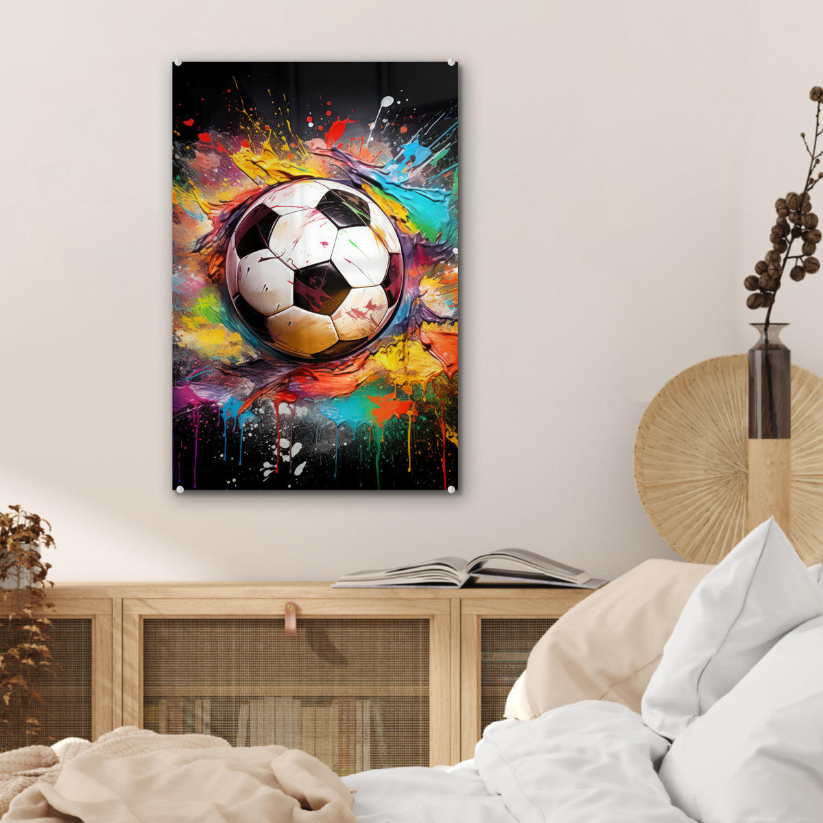 ACRYLGLASBILD Fußball - Farbe - Farben - Schwarz - Weiß 40x60 cm - Weiß, Glas (40/60cm) - MuchoWow