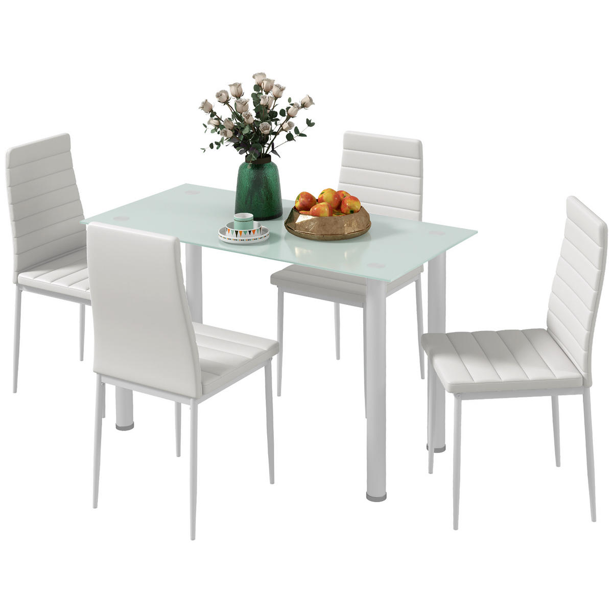 ESSGRUPPE mit 4 Stühlen, Tischplatte aus gehärtetem Glas, Stahlbeine, für Küche oder Wohnzimmer, weiß - Weiß, Metall (120/75/60cm)