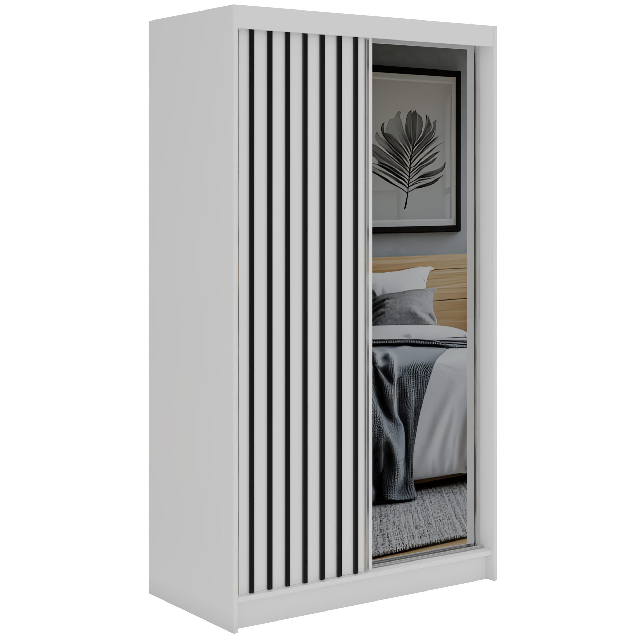 SCHWEBETÜRENSCHRANK mit Spiegel LAOS - 120 - Weiß - Schwarz Lamellen - Alufarben/Schwarz, Holzwerkstoff/Metall (120/216/61cm) - MKS