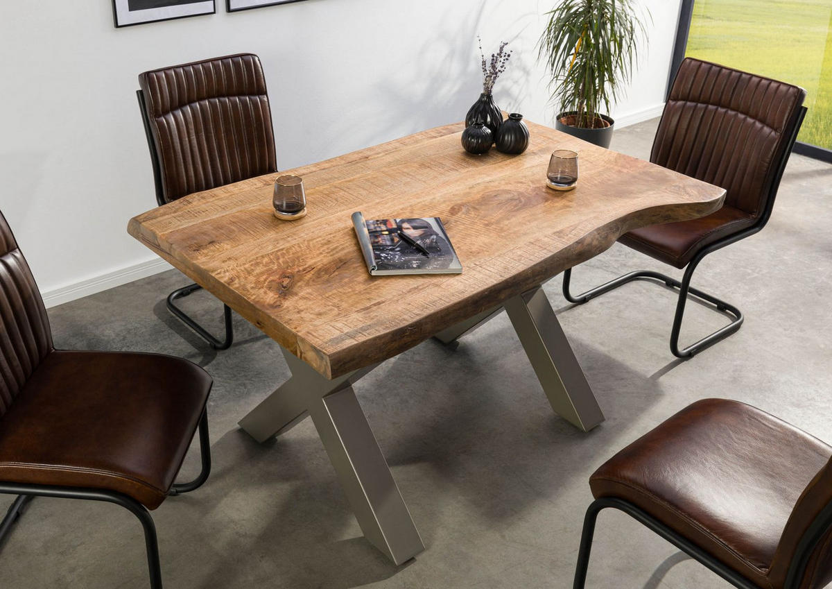 BAUMTISCH Mango 140x90x77 natur lackiert / X-Beine silber matt FREEFORM 5 - Naturfarben, Holz (140/90/77cm) - Massivmoebel24