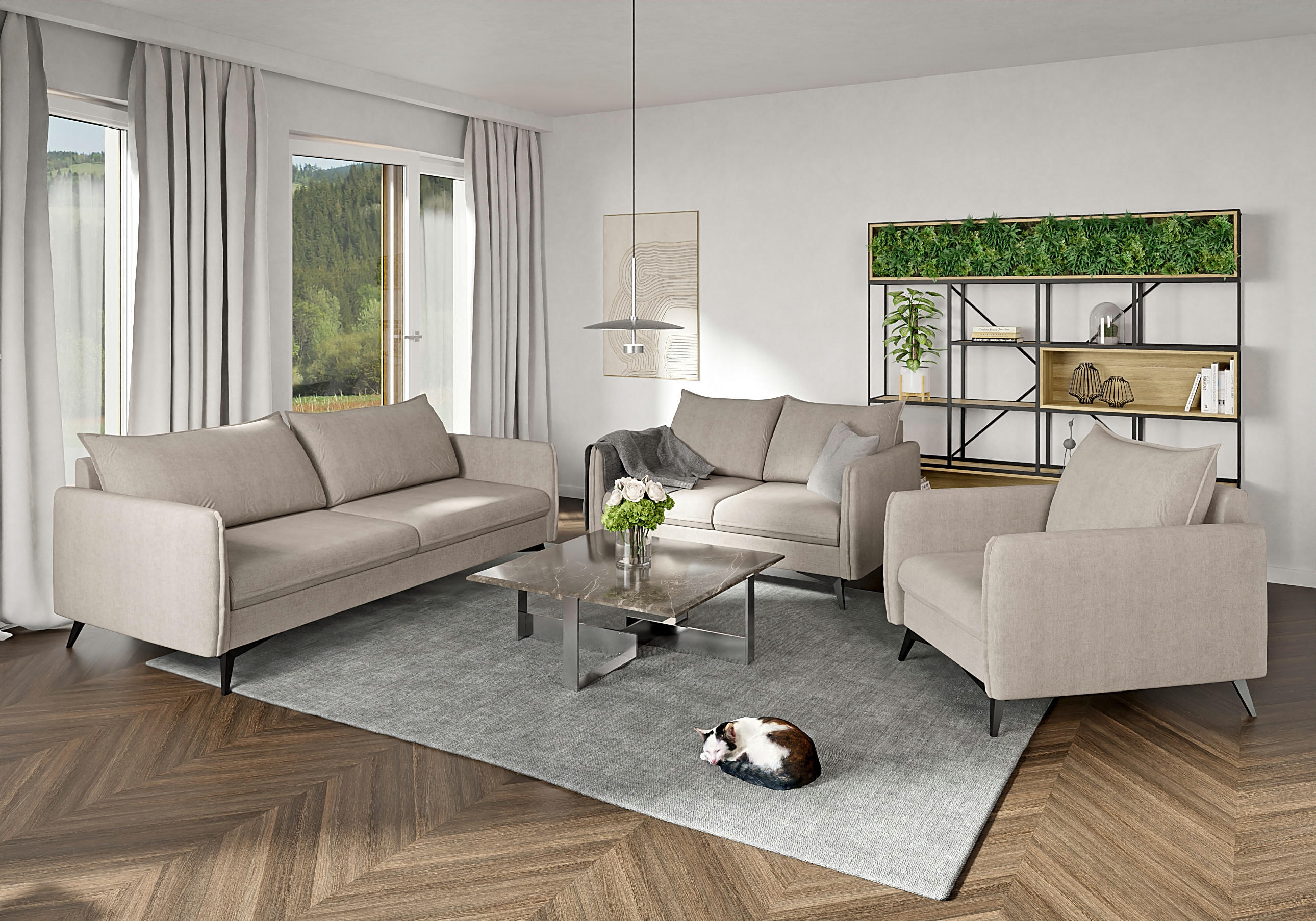 SITZGARNITUR 3+2+1 Pulse Beige Luxusmikrofaser - Ecru/Beige, Holz/Textil (199/86/91cm) - S-Style Möbel