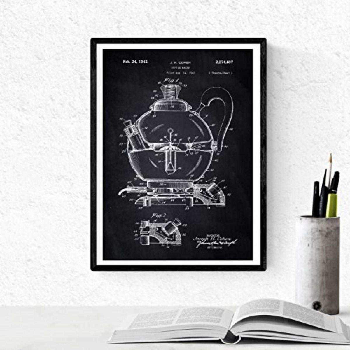 POSTER Set mit 4 Schwarz cafeteras Patenten A4 Schwarzer Rahmen - Schwarz, Papier (29.7/3cm) - Nacnic