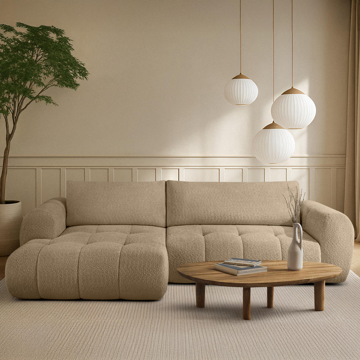 ECKSOFA LINKS LIRA, Beige, Bouclé - Beige, Holz/Holzwerkstoff (295/112cm) - KONSIMO®
