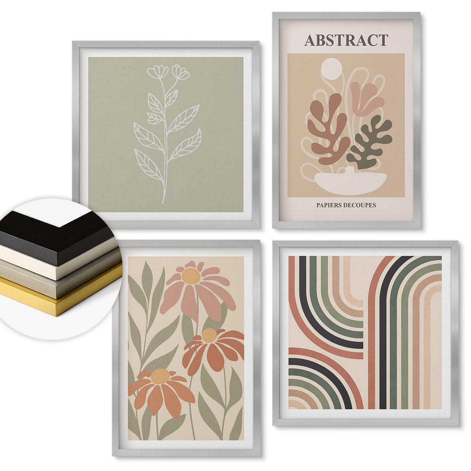 WANDBILDER 4er Set - 50x50 cm & 40x60 cm Silberner Rahmen - Abstrakte Pastellpflanzen - Silberfarben, Kunststoff (50/50cm) - ArtPrintCave