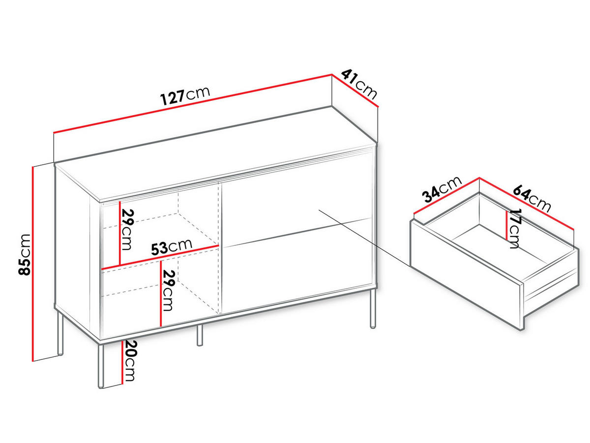 KOMMODE Visso 1D2S VI-03 - Eichefarben/Schwarz, Holzwerkstoff/Metall (127/85/41cm) - MIRJAN24