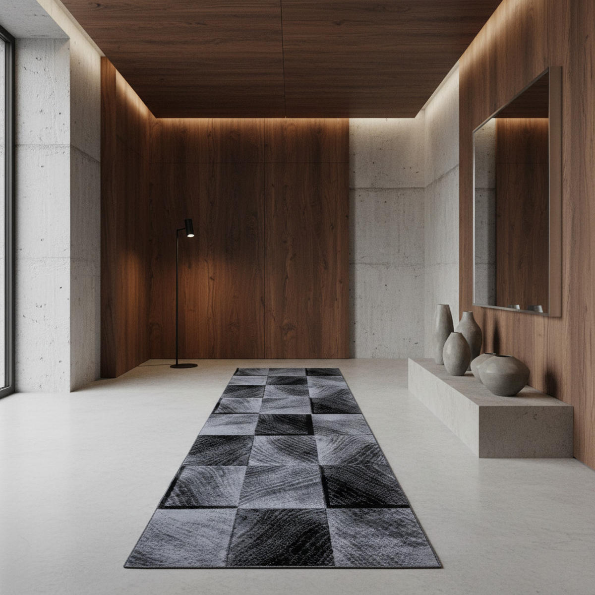 TEPPICH Kurzflor Karo-Design Polypropylen Wohnzimmer Schwarz Läufer 80x300 - Schwarz, Textil (80/300cm) - KADIMA DESIGN