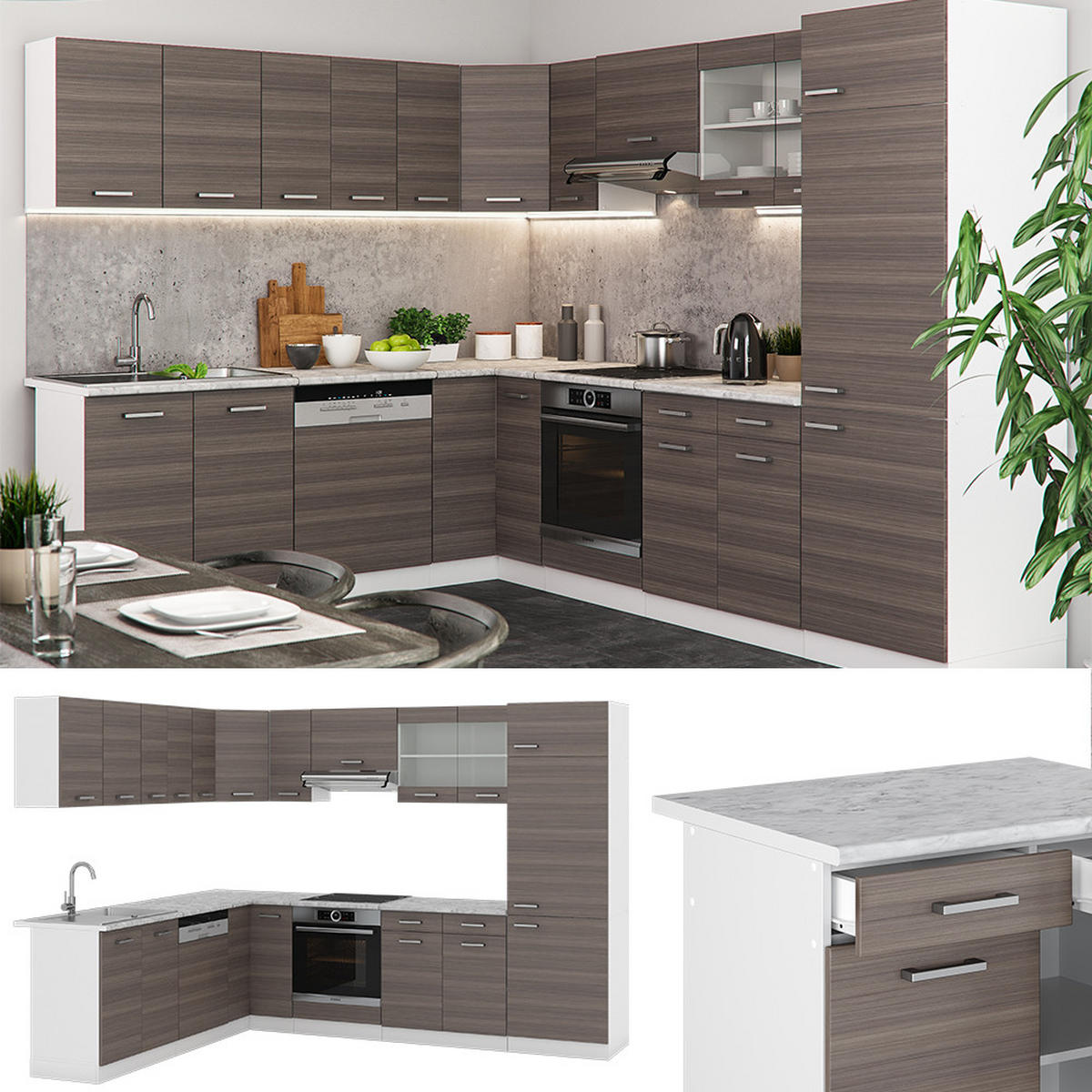 ECKKÜCHE R-Line Edelgrau/Weiß 227 x 287 cm, AP Eiche - Braun/Weiß, Holzwerkstoff (287/81.6/60cm) - Vicco