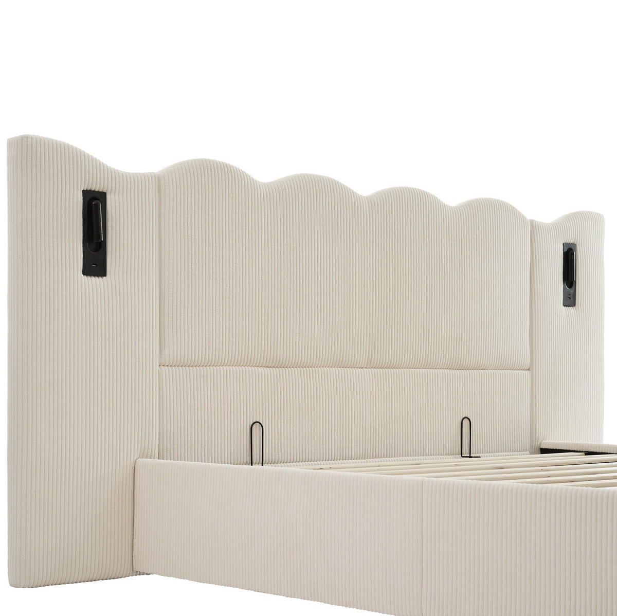 ČALÚNENÁ posteľ 180x200 cm z kordurového materiálu béžovo-biela s LED lampou, USB a úložným priestorom - béžová, textil (180/200cm) - Modfu