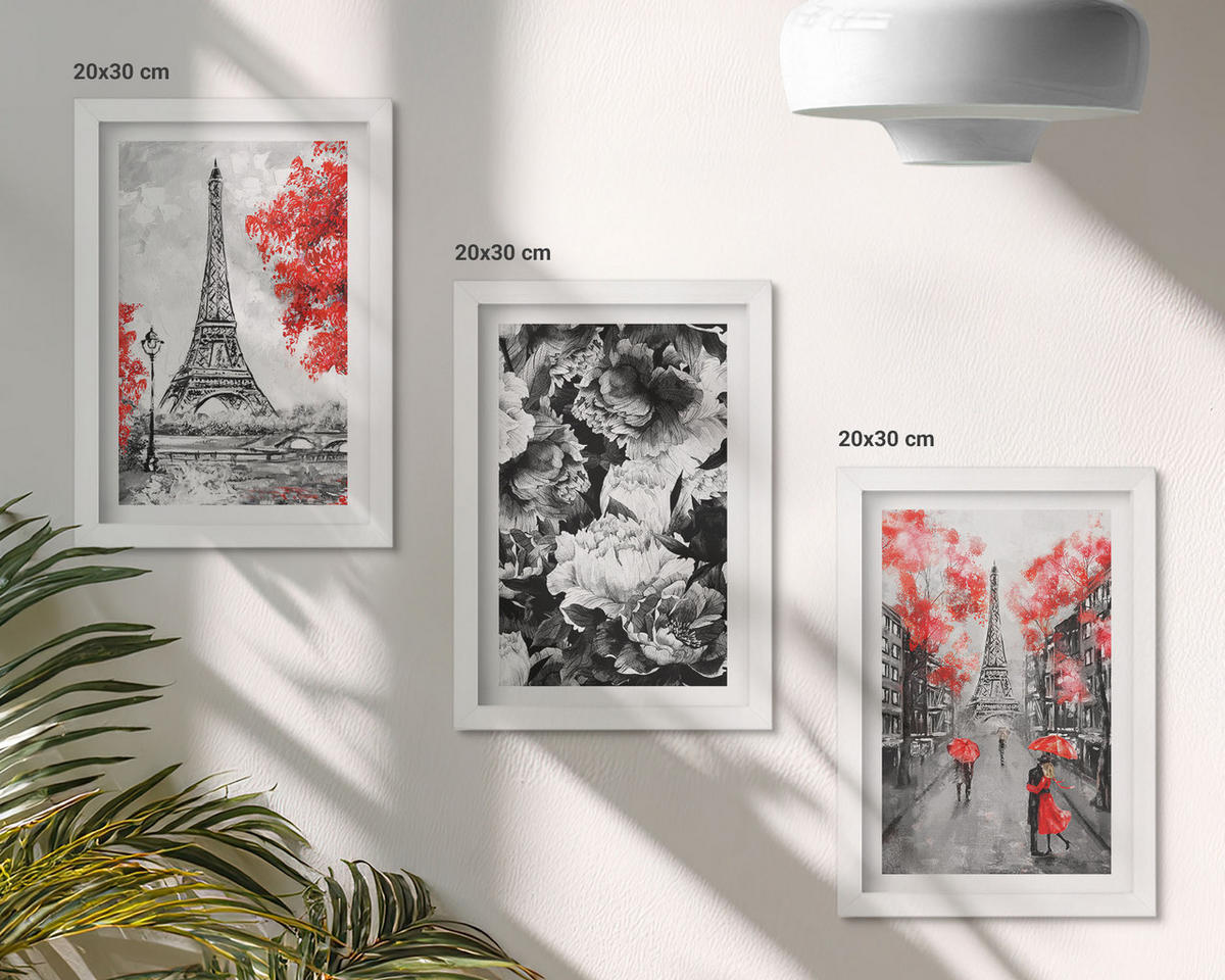 WANDBILDER 3er-Set - 20x30 cm Weißer Rahmen - graue Gemälde des Eiffelturms - Weiß, Kunststoff (20/30cm) - ArtPrintCave