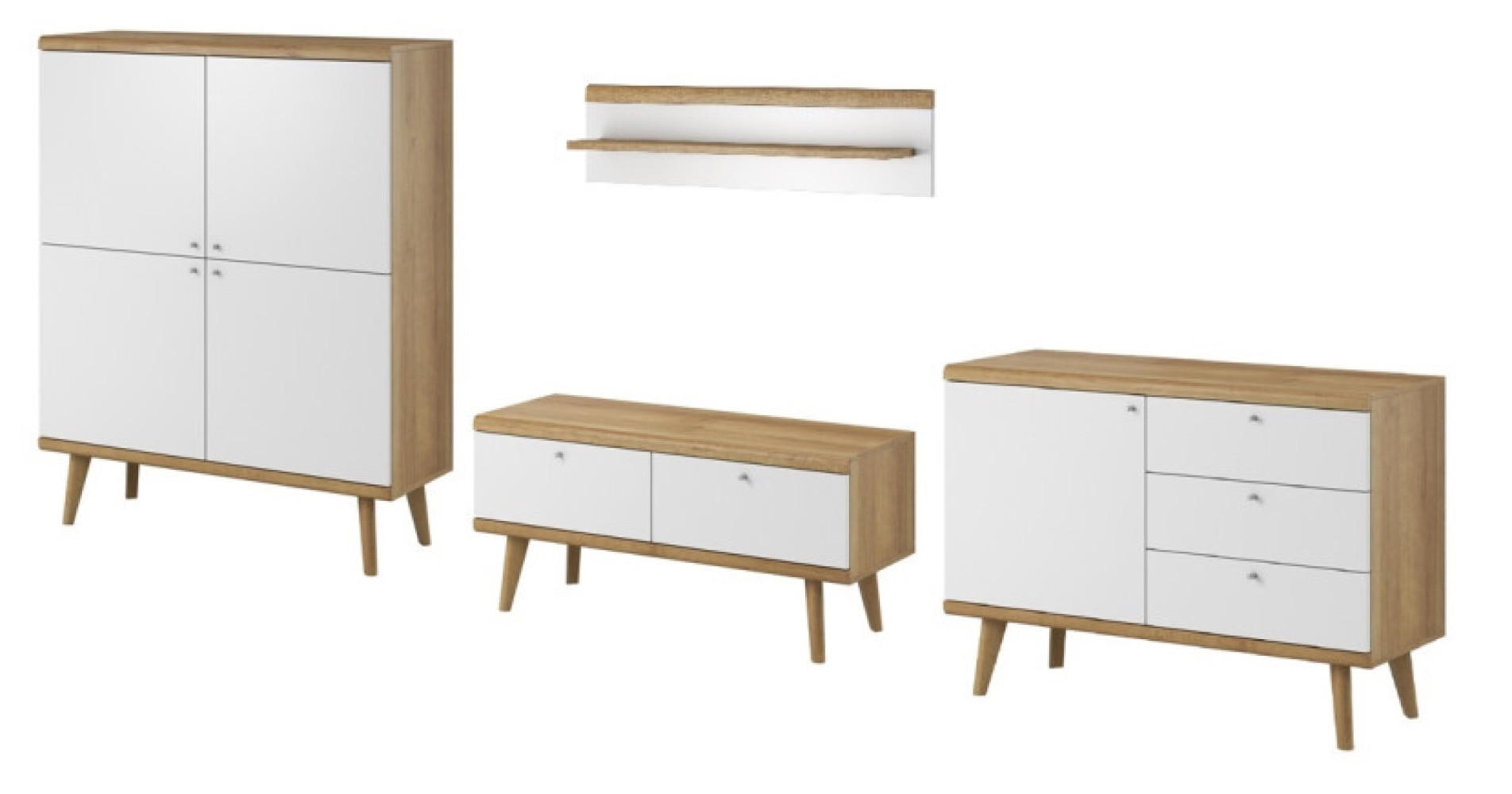 WOHNWAND Weiß DRIMO Wohnzimmermöbel Mit Regalen Mit Massivholzbeinen - Multicolor, Holzwerkstoff (325/134/40cm) - Sepro Meble