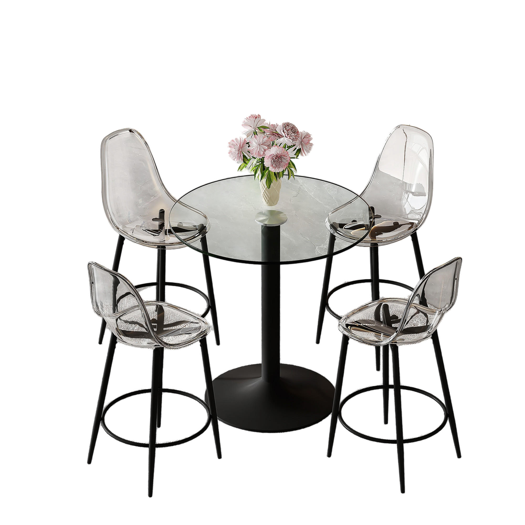 BARTISCH-SET DE-39404 5-teilig, Glastisch und 4 Hocker Transparent/Schwarz - Schwarz, Metall (89/92/89cm) - ComfortXL