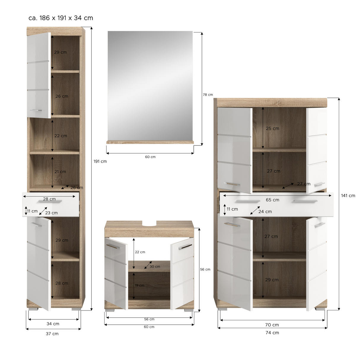 BADMÖBEL-SET weiß Hochglanz, Eiche 4-teilig 186 cm, viel Stauraum - Weiß Hochglanz/Eichefarben, Holzwerkstoff (186/191/34cm) - Inn.Furn