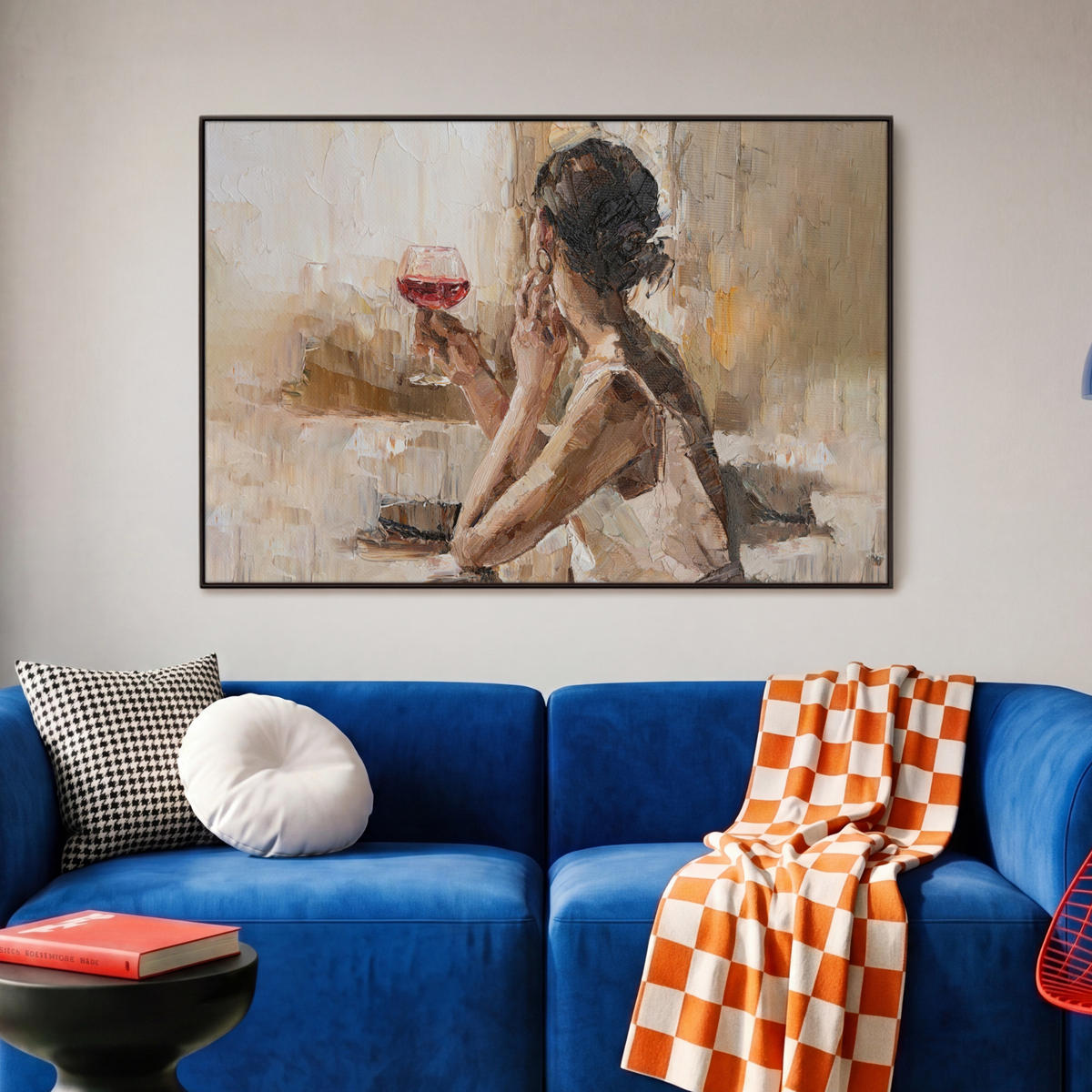 LEINWAND Bilder mit Rahmen - Ölgemälde - Frau - Wein - 90x60 - Hellbraun, Textil (90/60cm) - MuchoWow