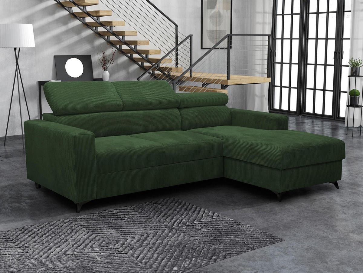 ECKSOFA Milano Premium Cord, Seite: Rechts 2R+LC - Schwarz/Grün, Holz/Textil (236/172cm) - MIRJAN24