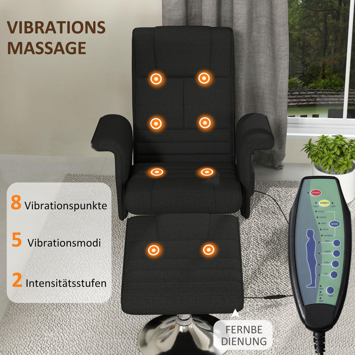MASSAGESESSEL mit Fußhocker, elektrischer Relaxsessel mit Liegefunktion Schwarz - Schwarz, Textil/Metall (95/88/78cm) - HOMCOM