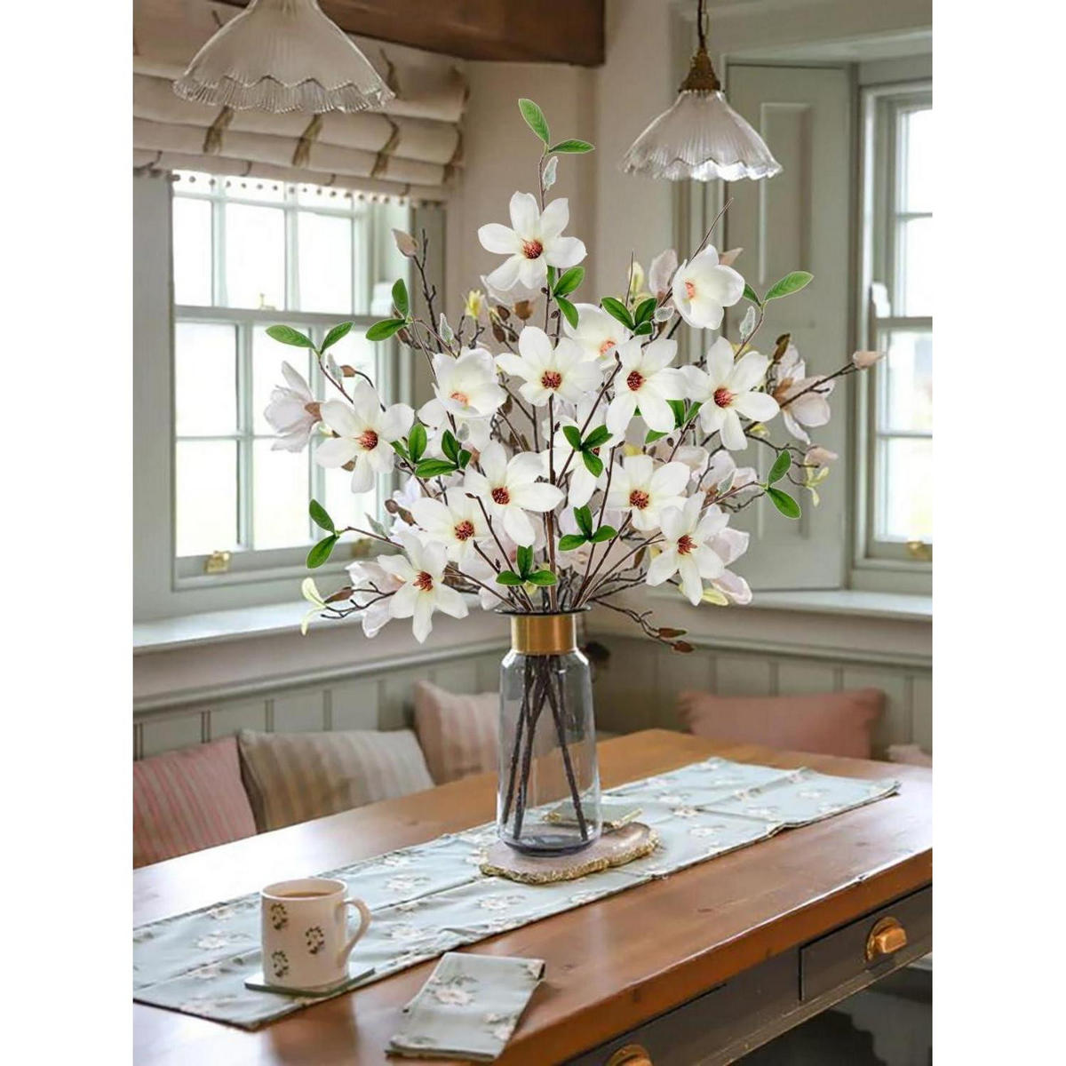 KUNSTBLUMEN 3er Set Magnolie 64 cm - Weiß, Kunststoff (64cm)