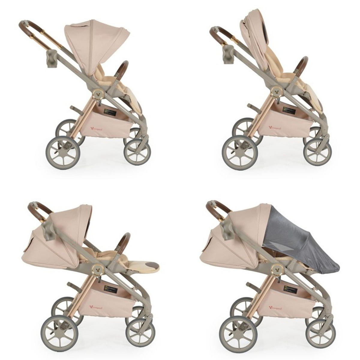 KOMBIKINDERWAGEN Unique 3 in 1 beige Babyschale Stoßdämpfer PU-Räder Tasche - Beige, Metall (75/59/104cm) - Cangaroo