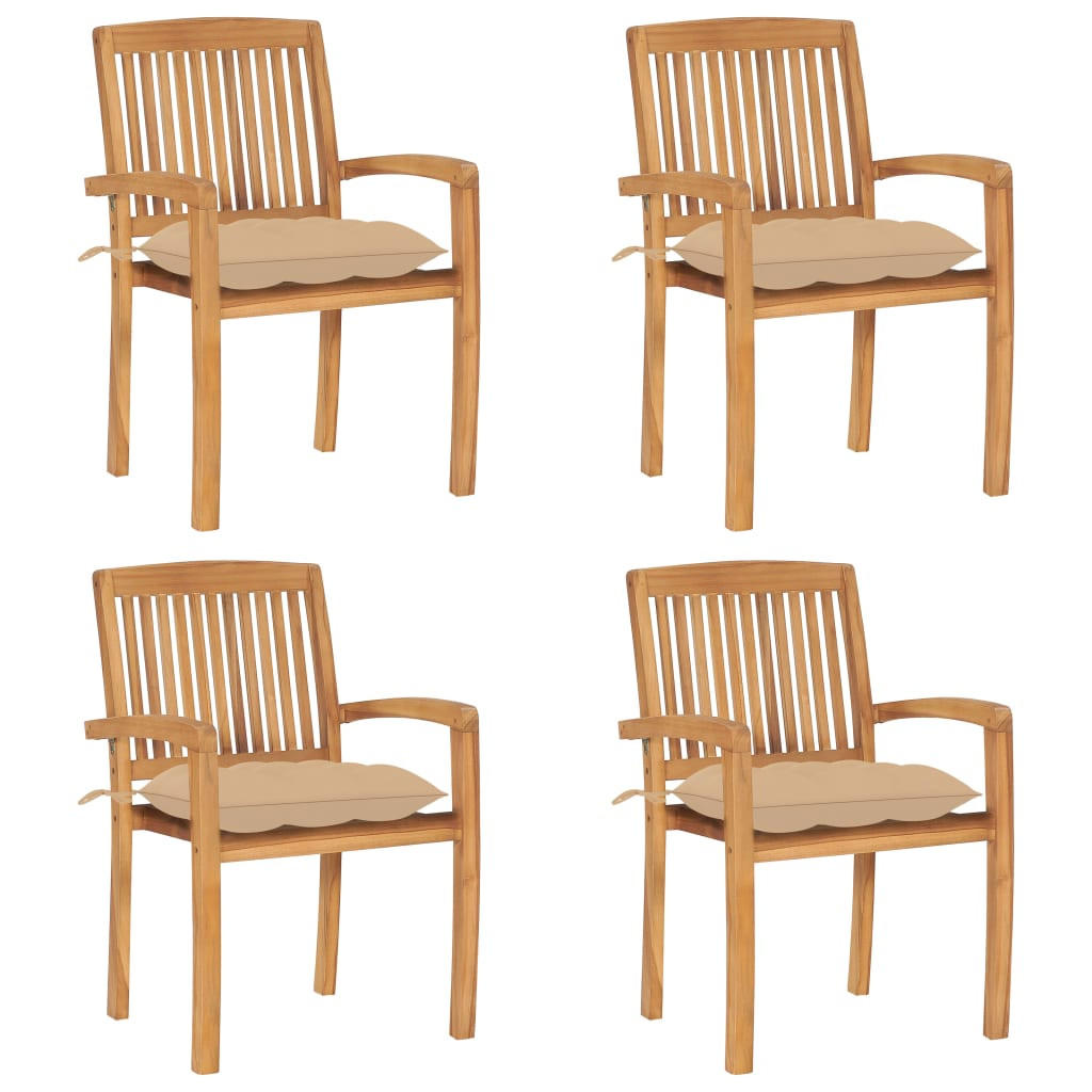 STAPELBARE Gartenstühle Mit Kissen 4er set Massivholz Teak - Beige, Holz (57.5/90/60cm) - vidaXL