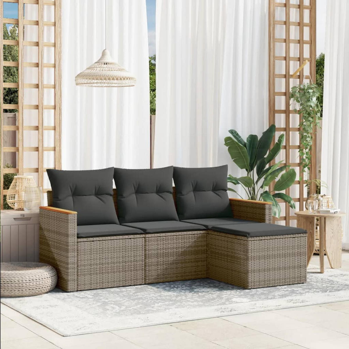 GARTEN-SOFAGARNITUR 4-teilig Mit Kissen Grau Poly Rattan - Grau, Kunststoff - vidaXL
