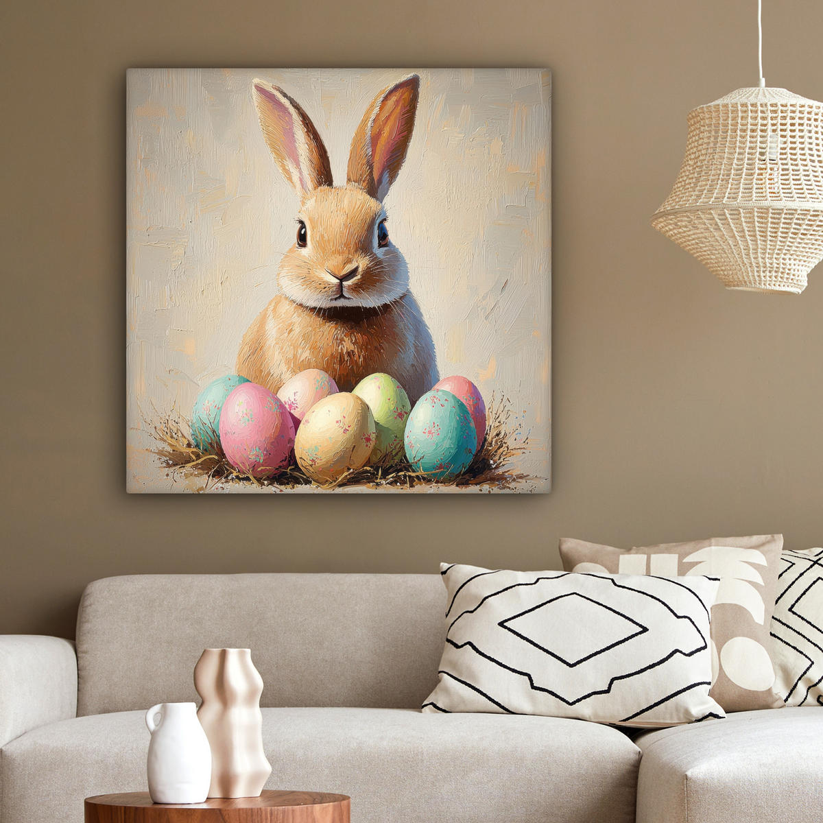 LEINWANDBILD Osterhase - Pastell - Eier Deko Groß 90x90 cm - Beige, Textil (90/90cm) - MuchoWow