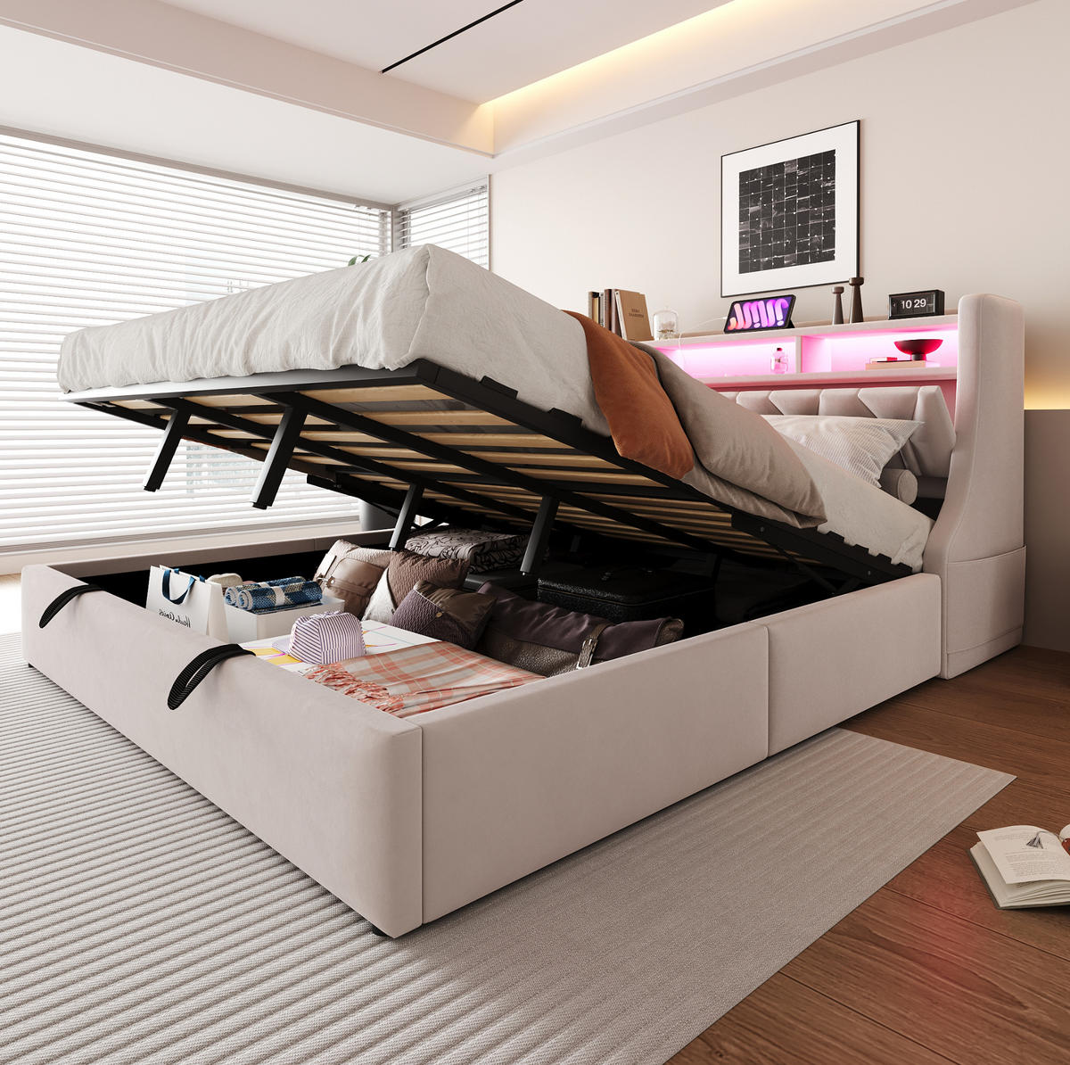 POLSTERBETT 180/200 cm aus Samt mit Stauraum LED und klappbarem Kopfteil Beige - Beige, Textil (180/200cm) - Modenvie
