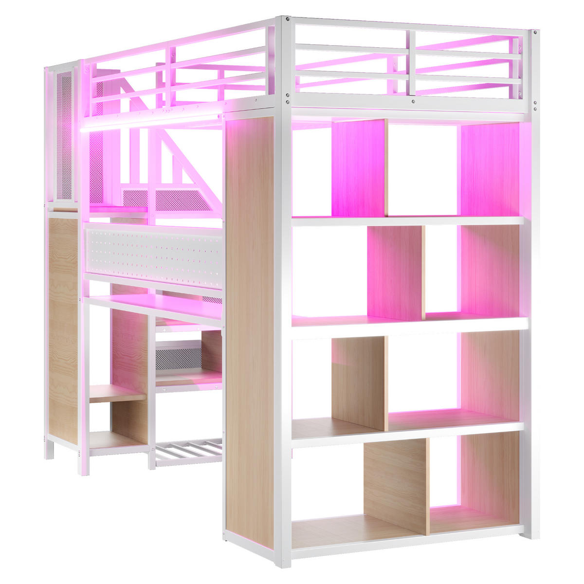 HOCHBETT 90/200 cm DE-01506, in Weiß, mit Kleiderschrank, Schreibtisch und LED-Lichtleiste - Weiß, Metall (90/200cm) - ComfortXL