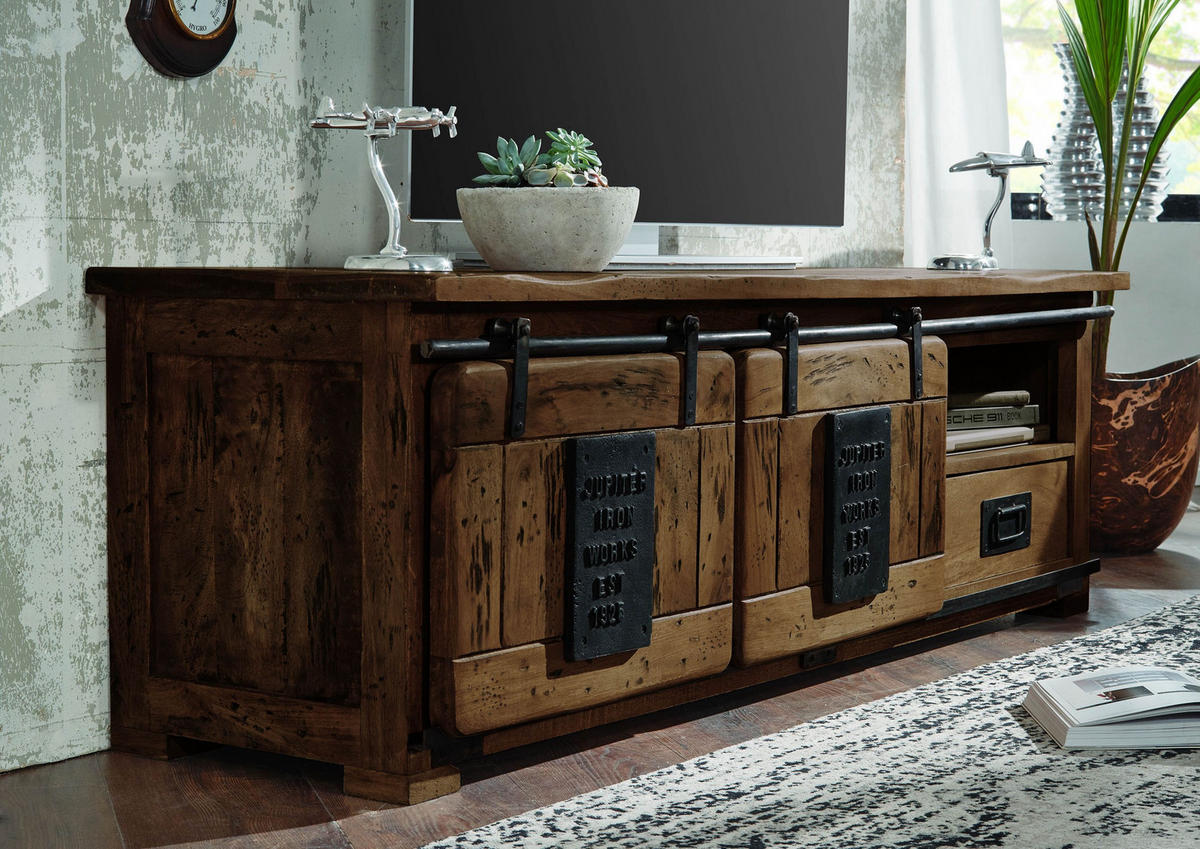 TV-BOARD Mango 160x45x50 braun lackiert RAILWAY #401 - Braun, Holz (160/50/45cm) - Massivmoebel24