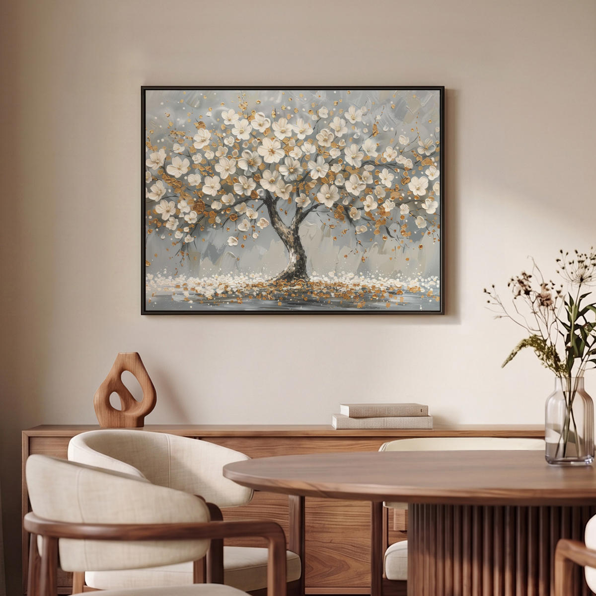 LEINWAND Bilder mit Rahmen - Baum - Blumen - Weiß - Natur - Kunst - 70x50 - Weiß, Textil (70/50cm) - MuchoWow