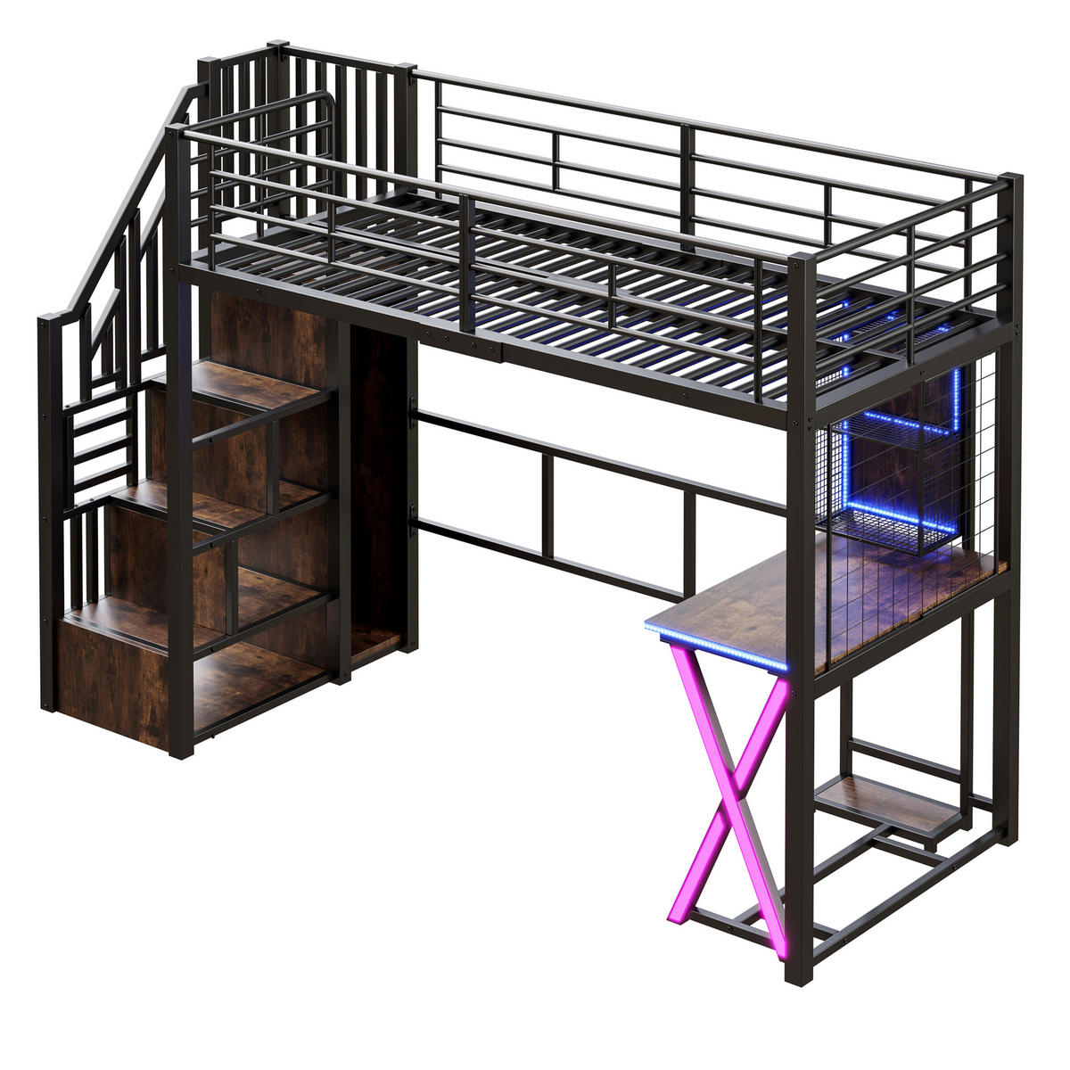 HOCHBETT 90/200 cm in Schwarz mit LED, Ablageleiter, Schreibtisch, Kleiderschrank und Regal - Schwarz, Holzwerkstoff/Metall (90/200cm) - STILVORA